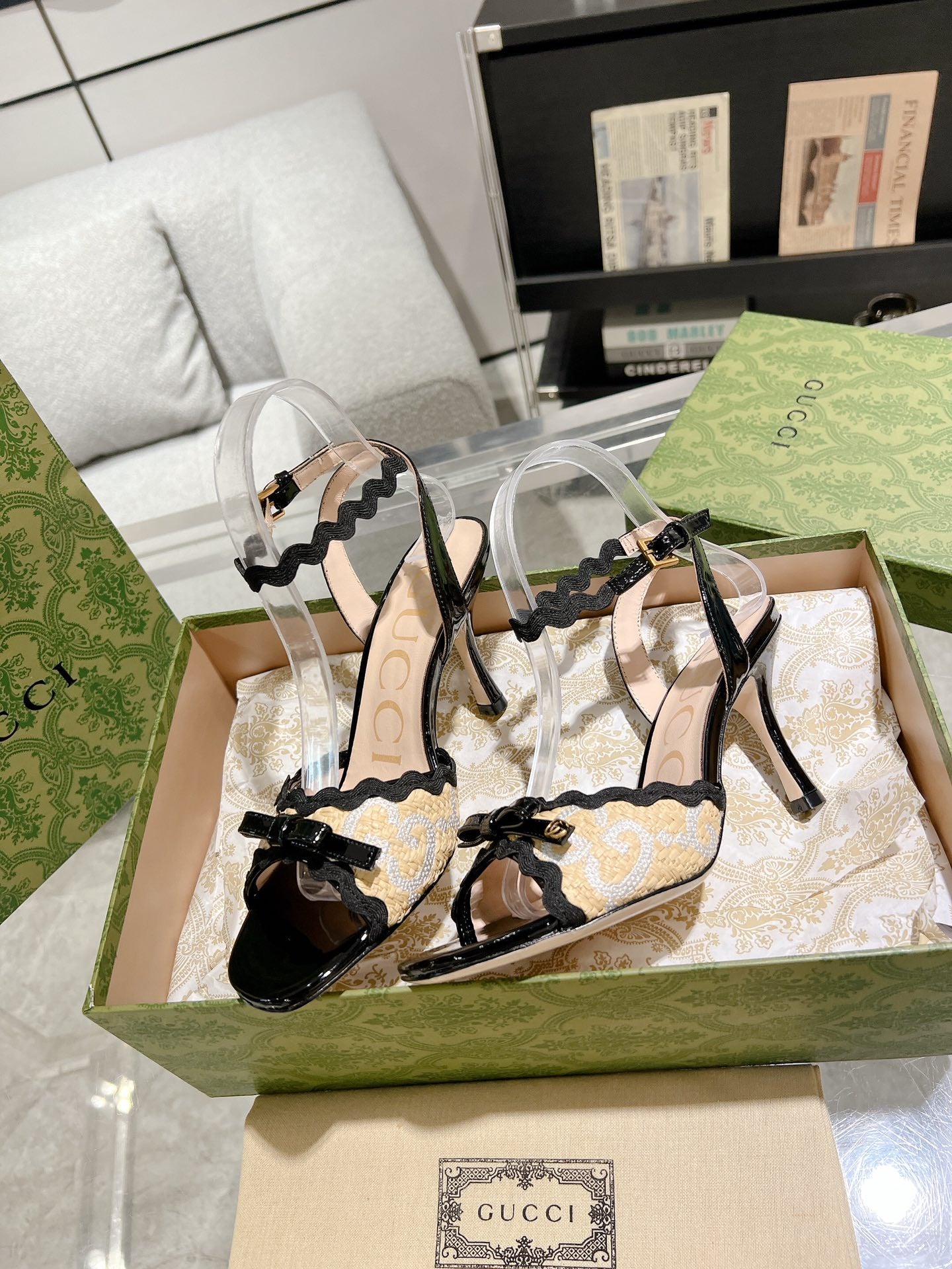 GG HIGH - HEEL SANDAL BLACK FABRIC ATTACH BOW