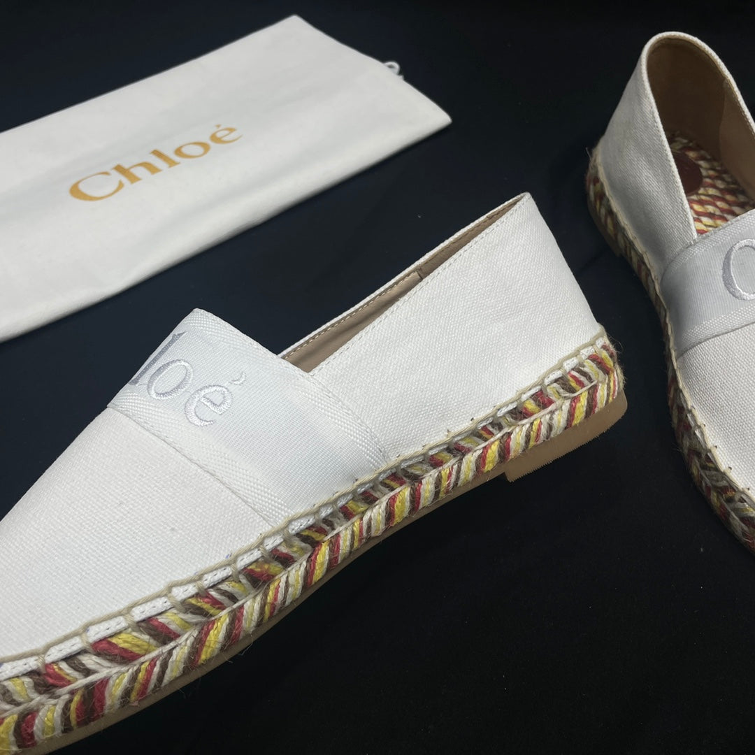 CHLOÃ‰ WOVEN LOAFER IN WHITE DENIM AND COLORFUL RAFFIA