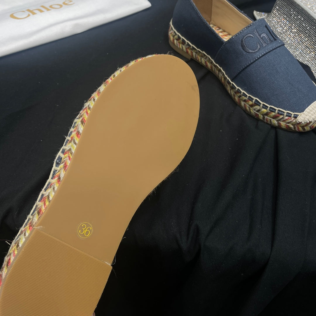 CHLOÃ‰ WOVEN LOAFER IN BLACK DENIM AND COLORFUL RAFFIA