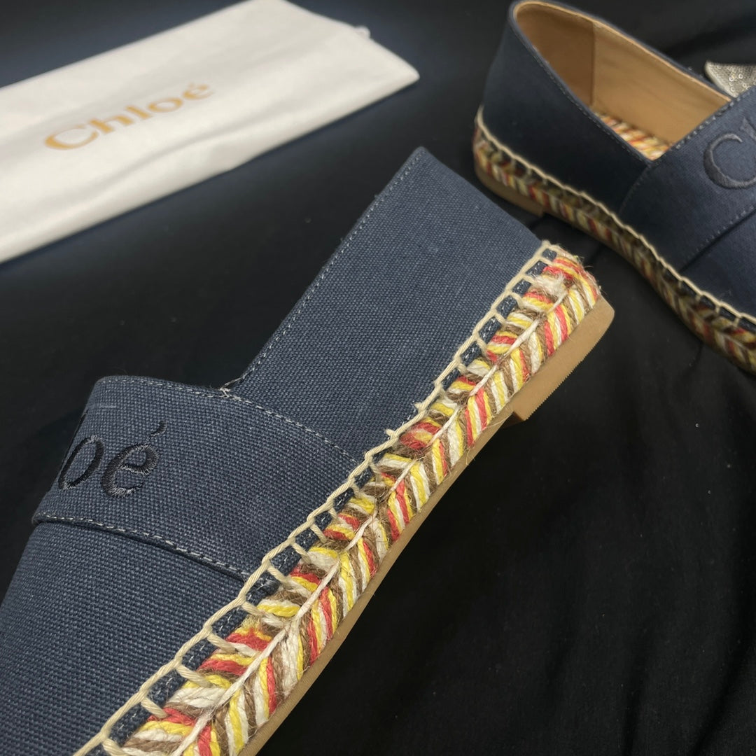 CHLOÃ‰ WOVEN LOAFER IN BLACK DENIM AND COLORFUL RAFFIA