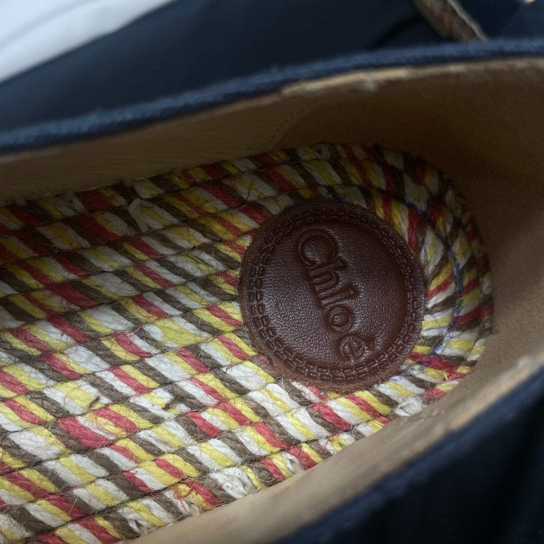 CHLOÃ‰ WOVEN LOAFER IN BLACK DENIM AND COLORFUL RAFFIA
