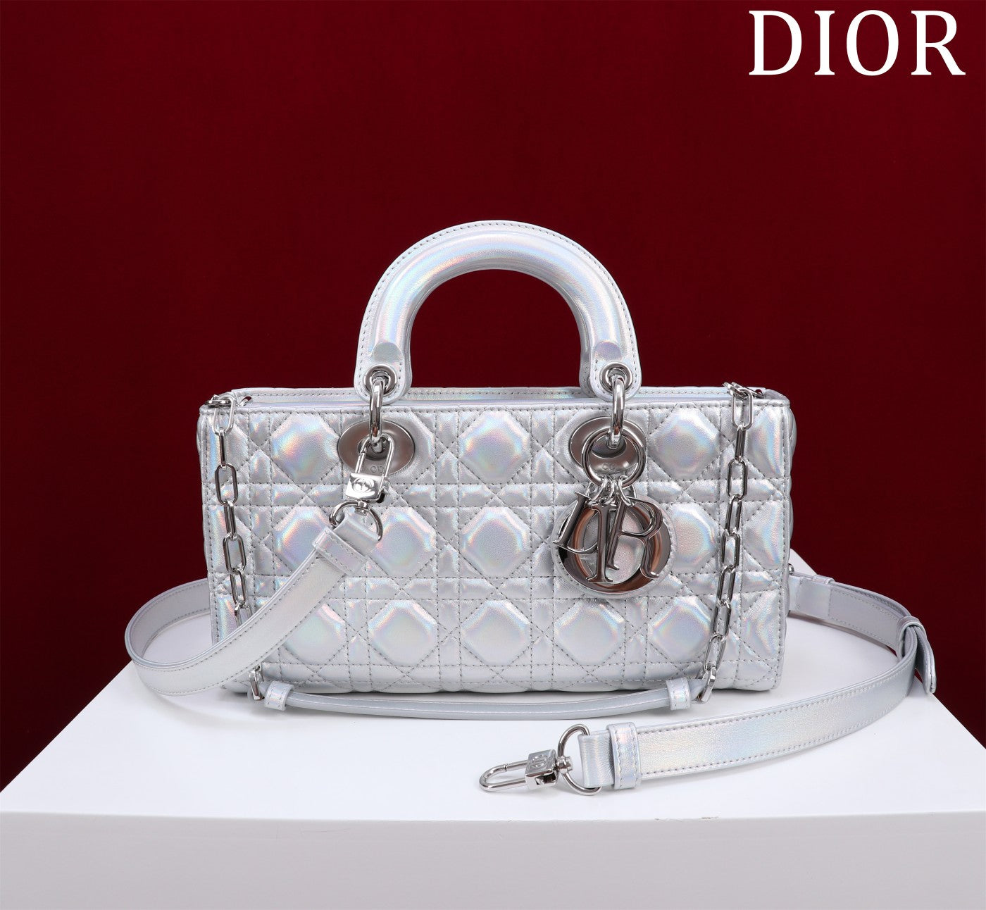 medium lady d-joy 26 silver metalic lambskin