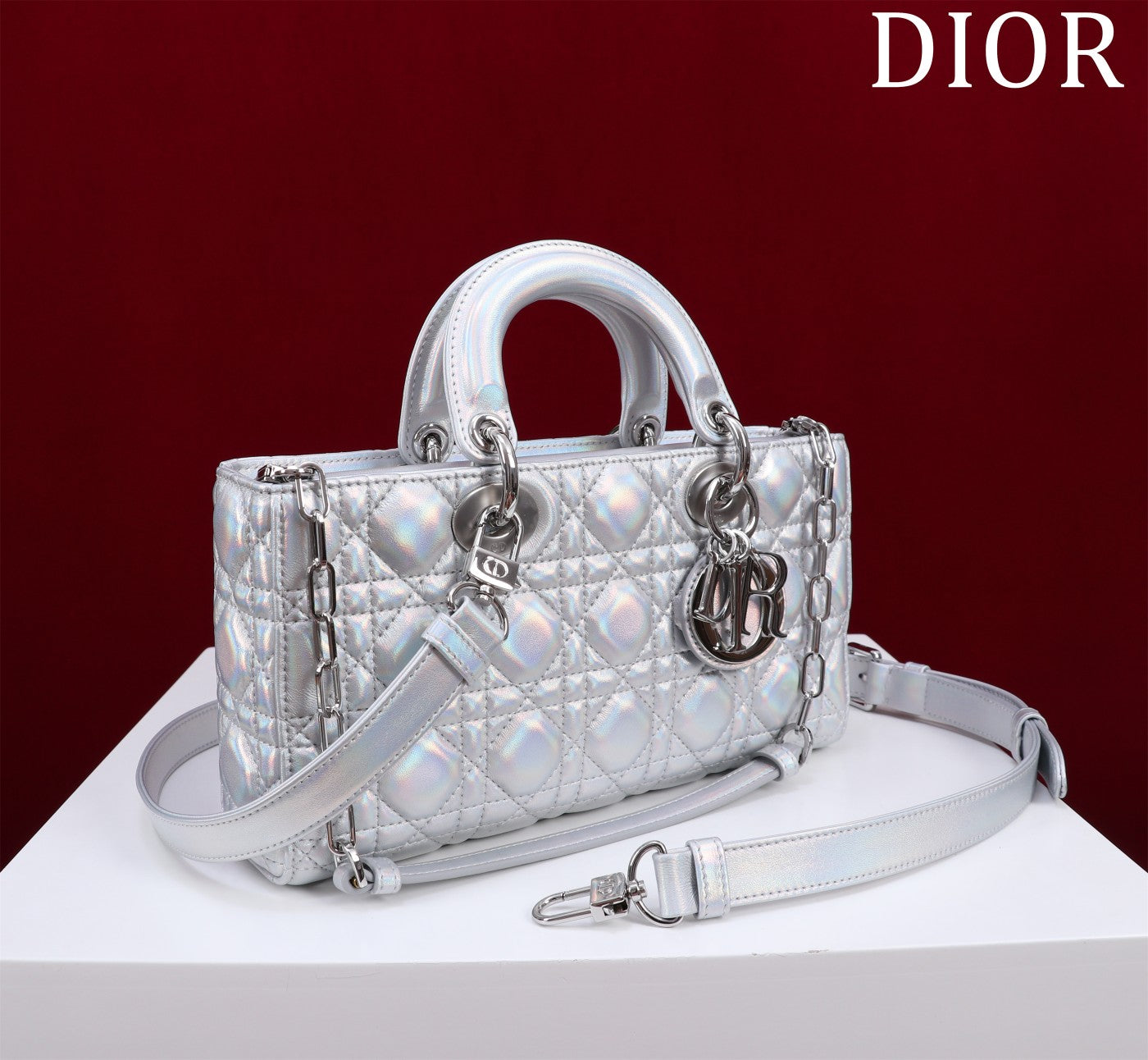 medium lady d-joy 26 silver metalic lambskin