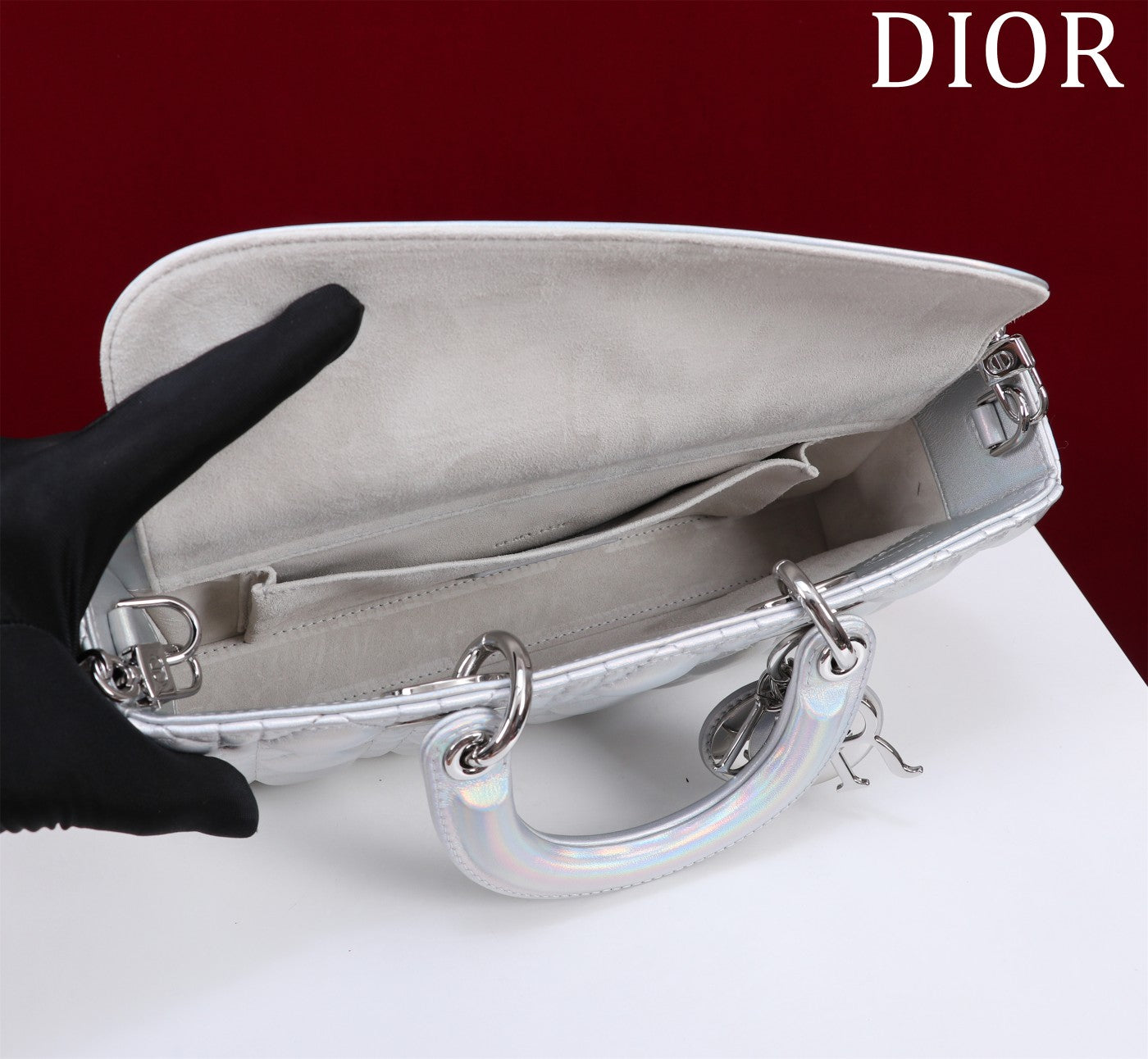 medium lady d-joy 26 silver metalic lambskin