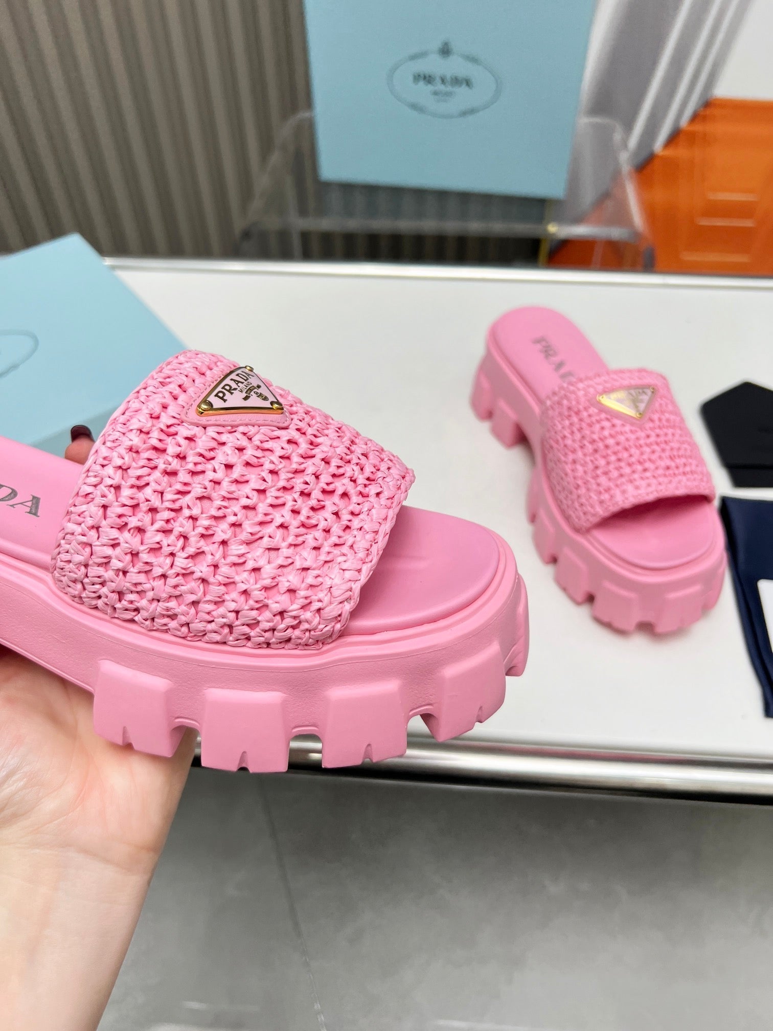 PRA THICK-SOLED CROCHET SANDALS PINK WOVEN FABRIC