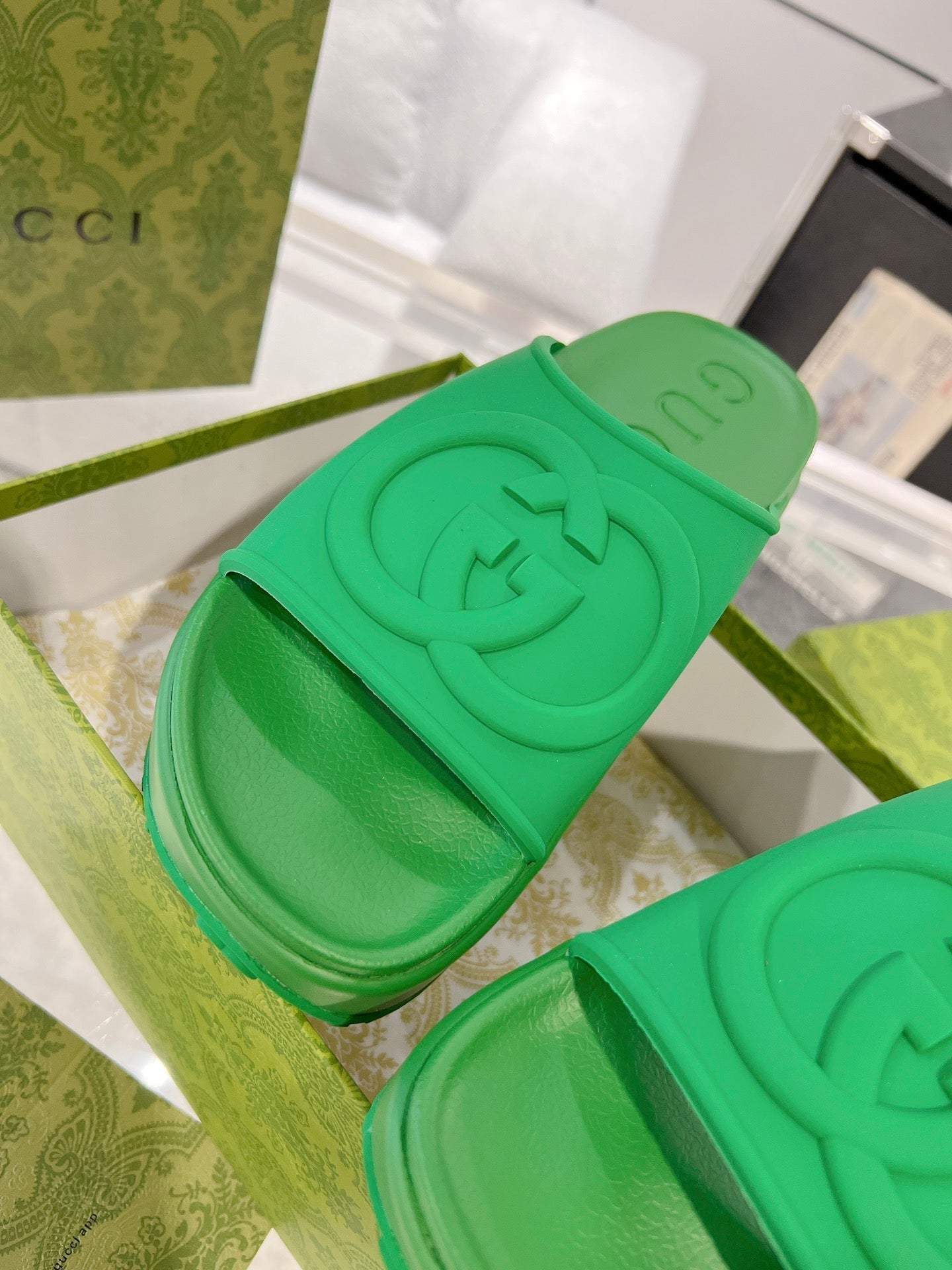 GC 25 Interlocking G 50mm Slide Sandal Green Cowhide 292382