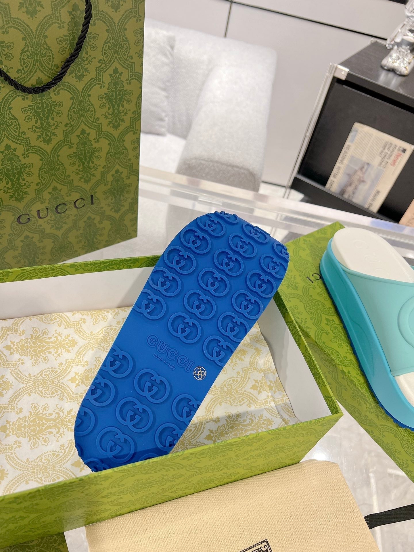 GC 25 Interlocking G 50mm Slide Sandal Sky Blue White Cowhide 292385