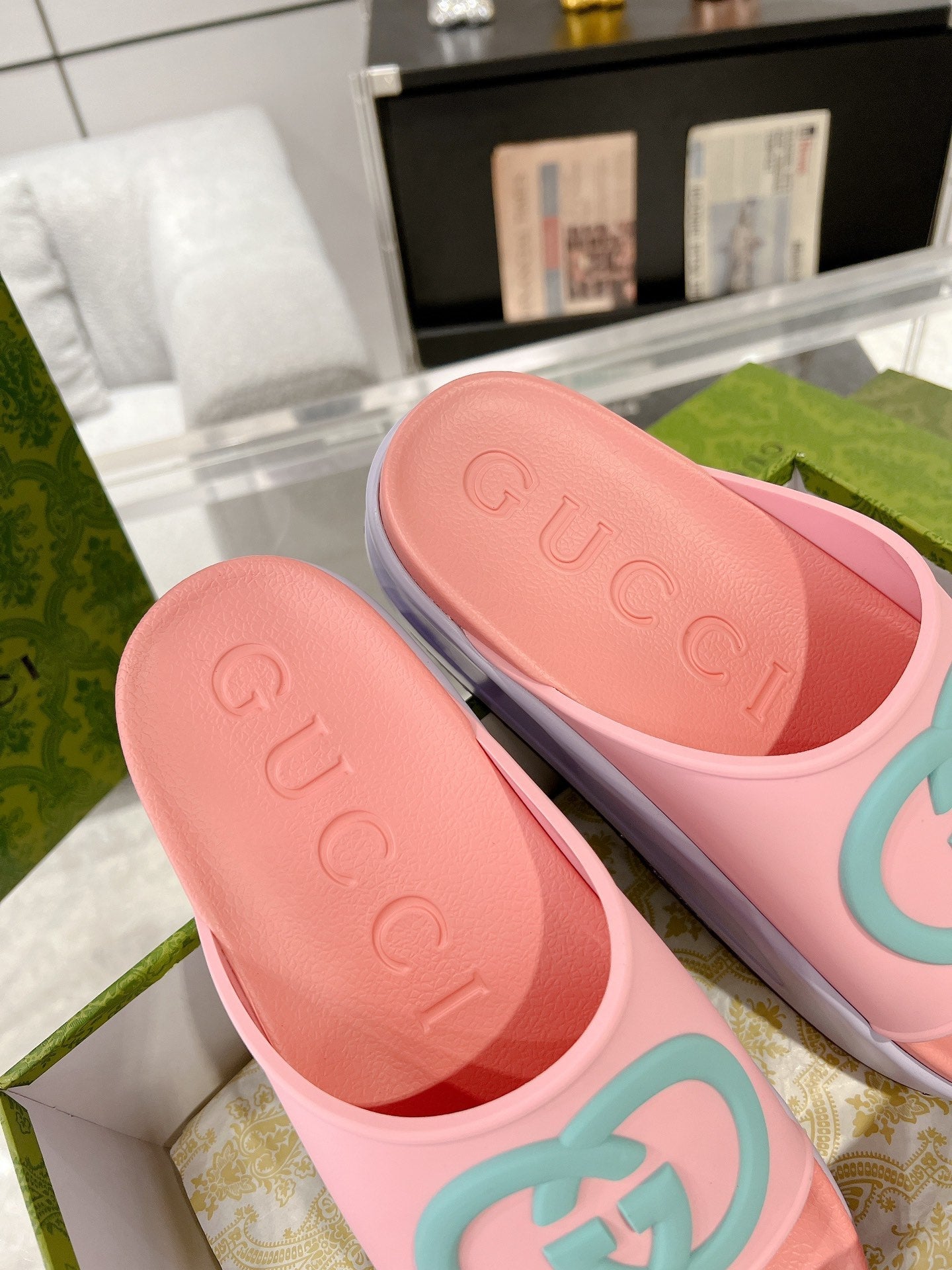 GC 25 Interlocking G 50mm Slide Sandal Pink Blue Cowhide 292397