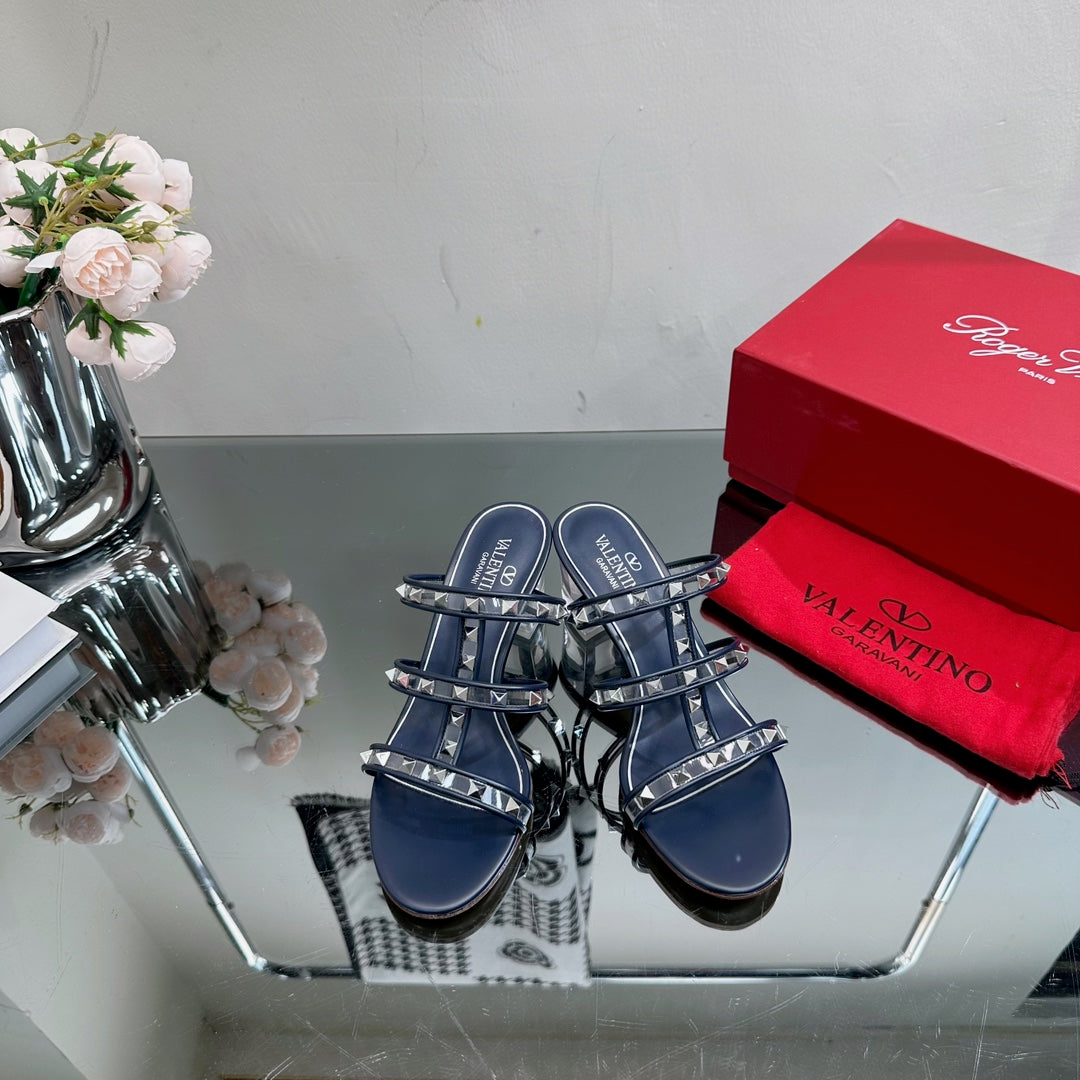 VT 25 Rockstud Sandals 65mm Navy Blue PVC Sheepskin