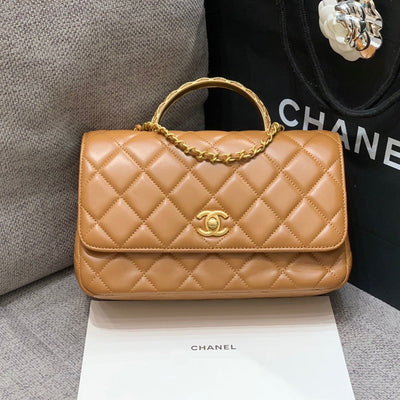 SMALL FLAP BAG 24CM TOP HANDLE BROWN LAMBSKIN GOLD HARDWARE