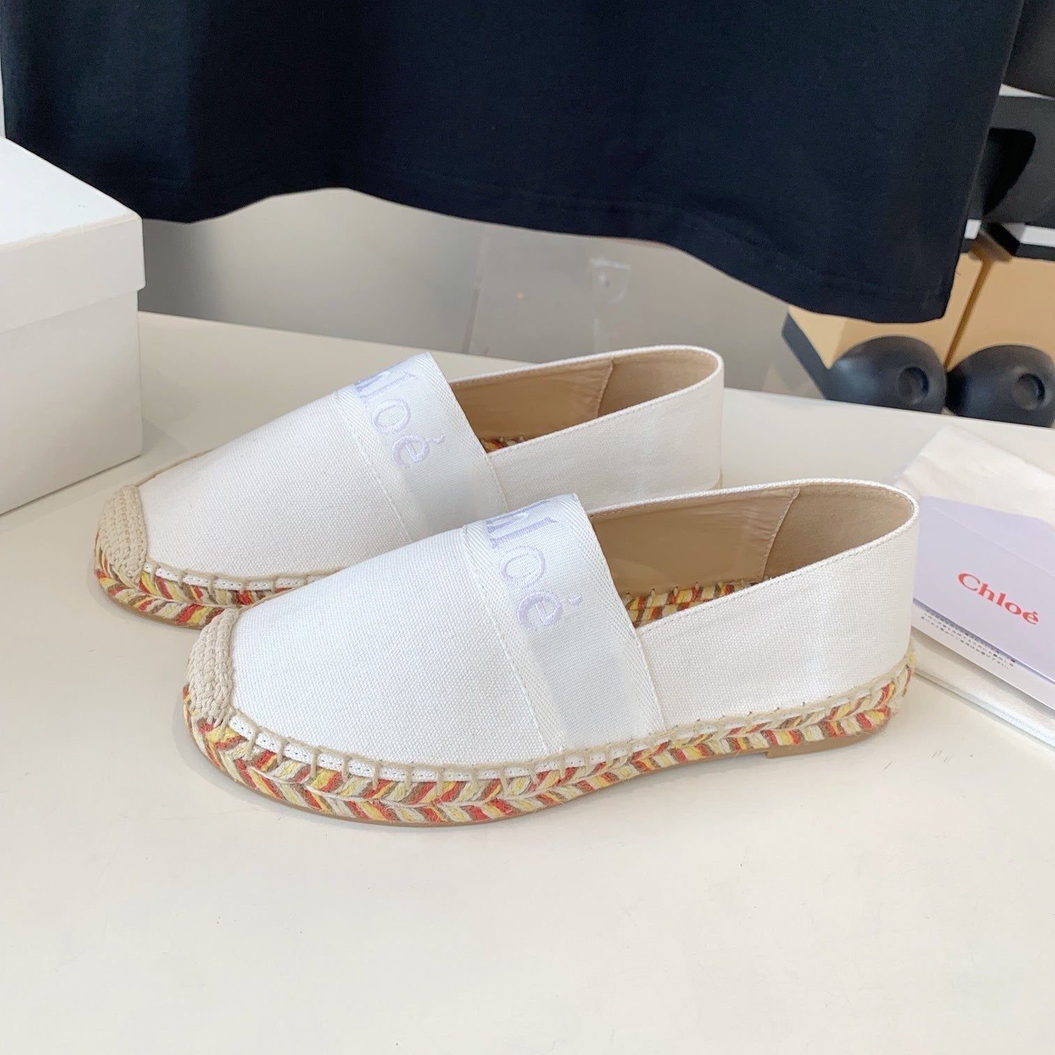 CHLOÃ‰ LOAFER SHOES IN WHITE DENIM AND WOVEN RAFFIA
