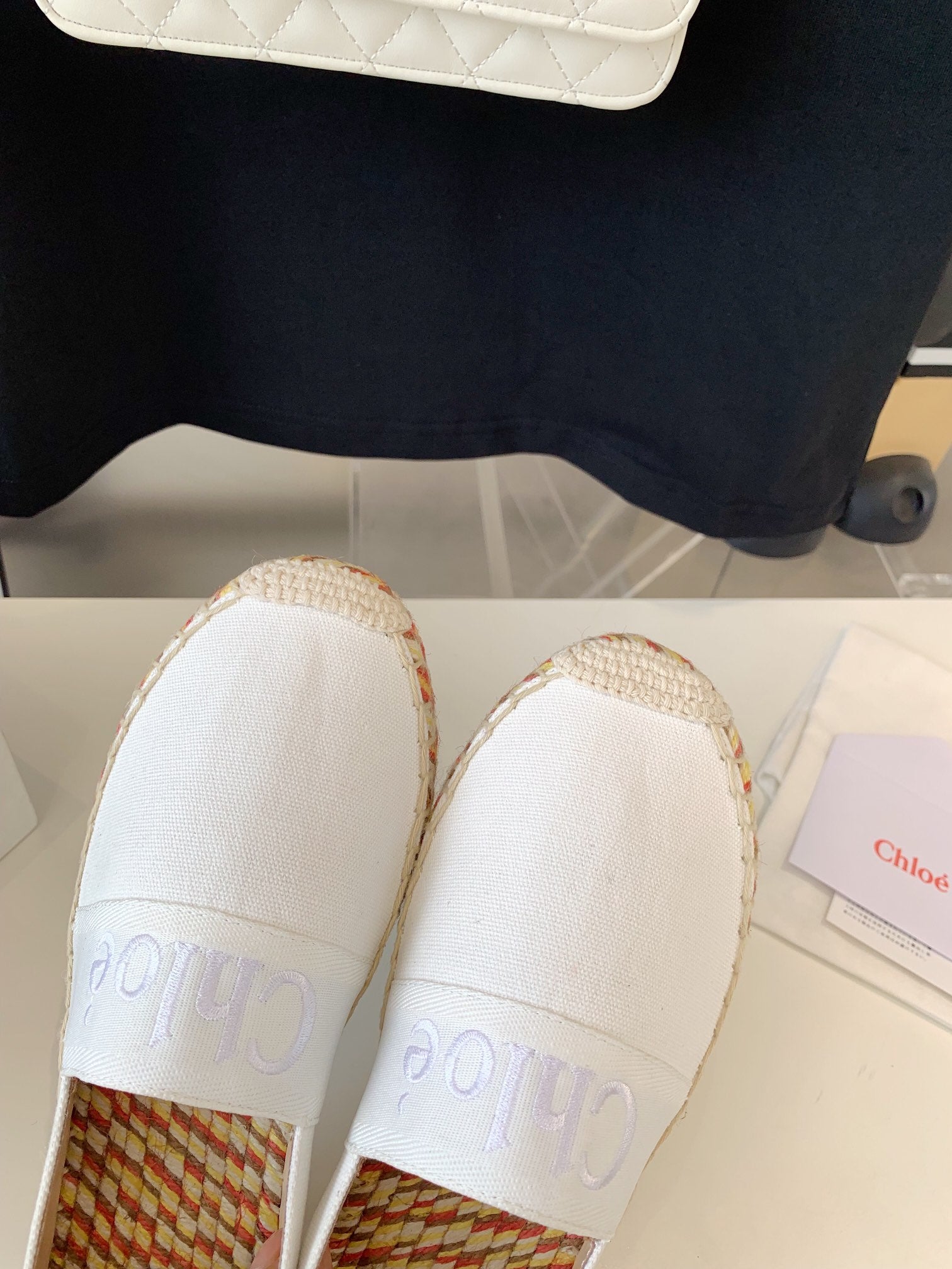 CHLOÃ‰ LOAFER SHOES IN WHITE DENIM AND WOVEN RAFFIA