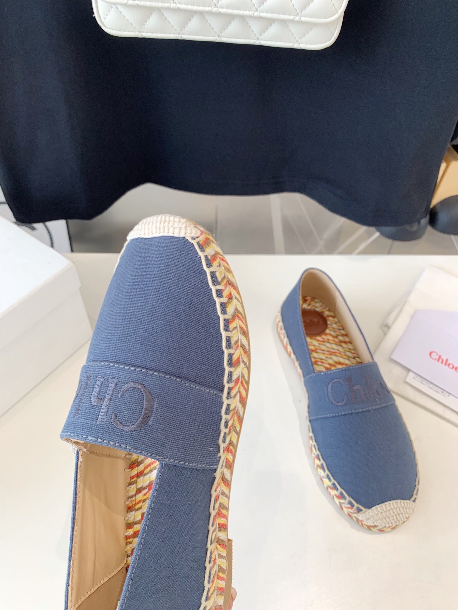 CHLOÃ‰ LOAFER SHOES IN PIGEON BLUE DENIM AND WOVEN RAFFIA
