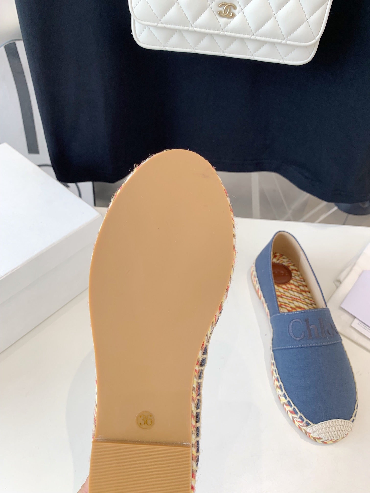 CHLOÃ‰ LOAFER SHOES IN PIGEON BLUE DENIM AND WOVEN RAFFIA