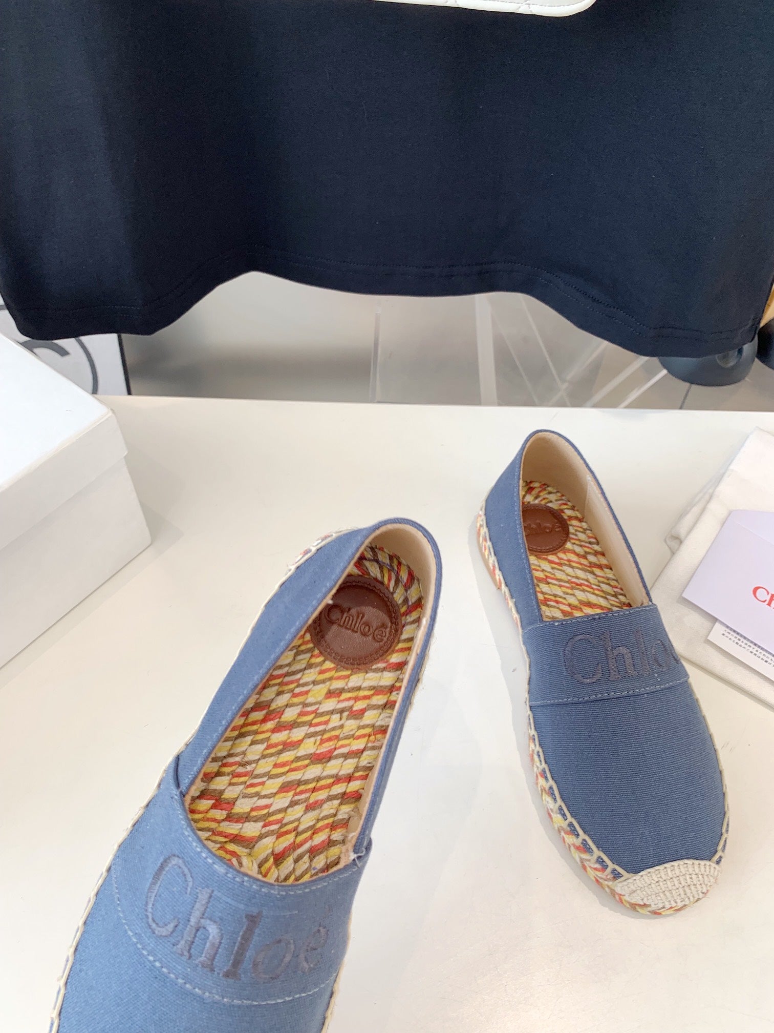 CHLOÃ‰ LOAFER SHOES IN PIGEON BLUE DENIM AND WOVEN RAFFIA