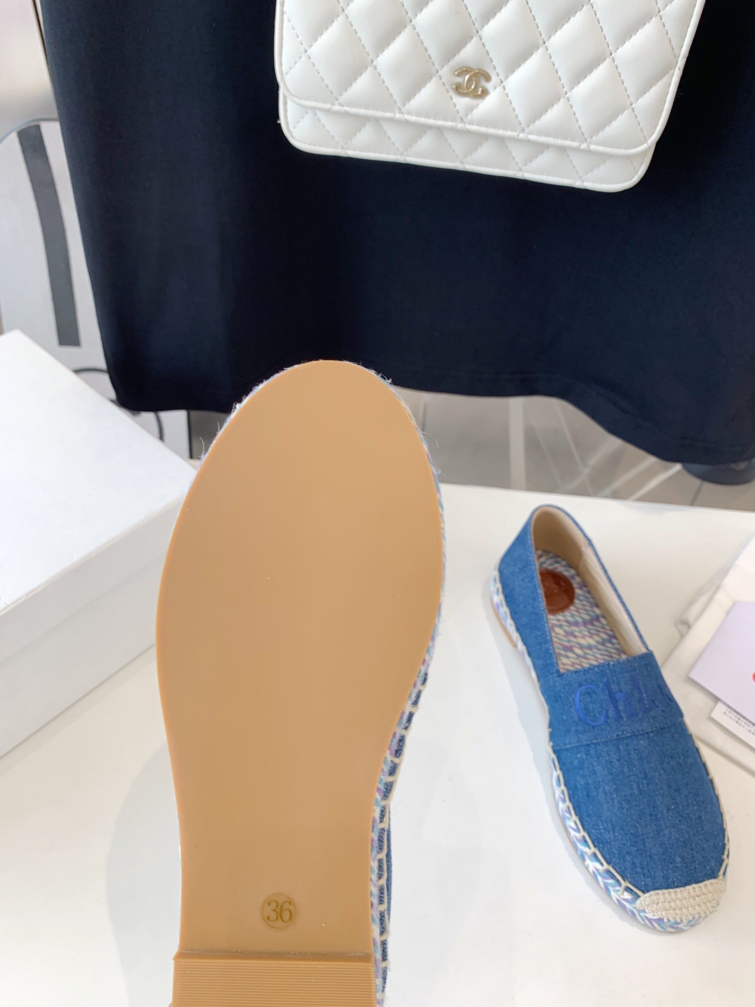 CHLOÃ‰ LOAFER SHOES IN CERULEAN BLUE DENIM AND WOVEN RAFFIA
