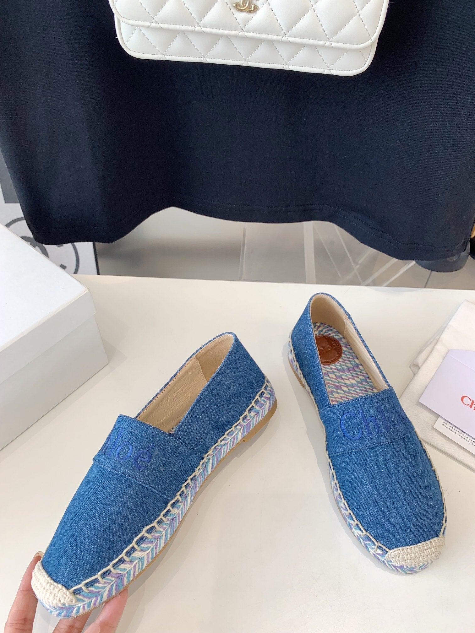 CHLOÃ‰ LOAFER SHOES IN CERULEAN BLUE DENIM AND WOVEN RAFFIA