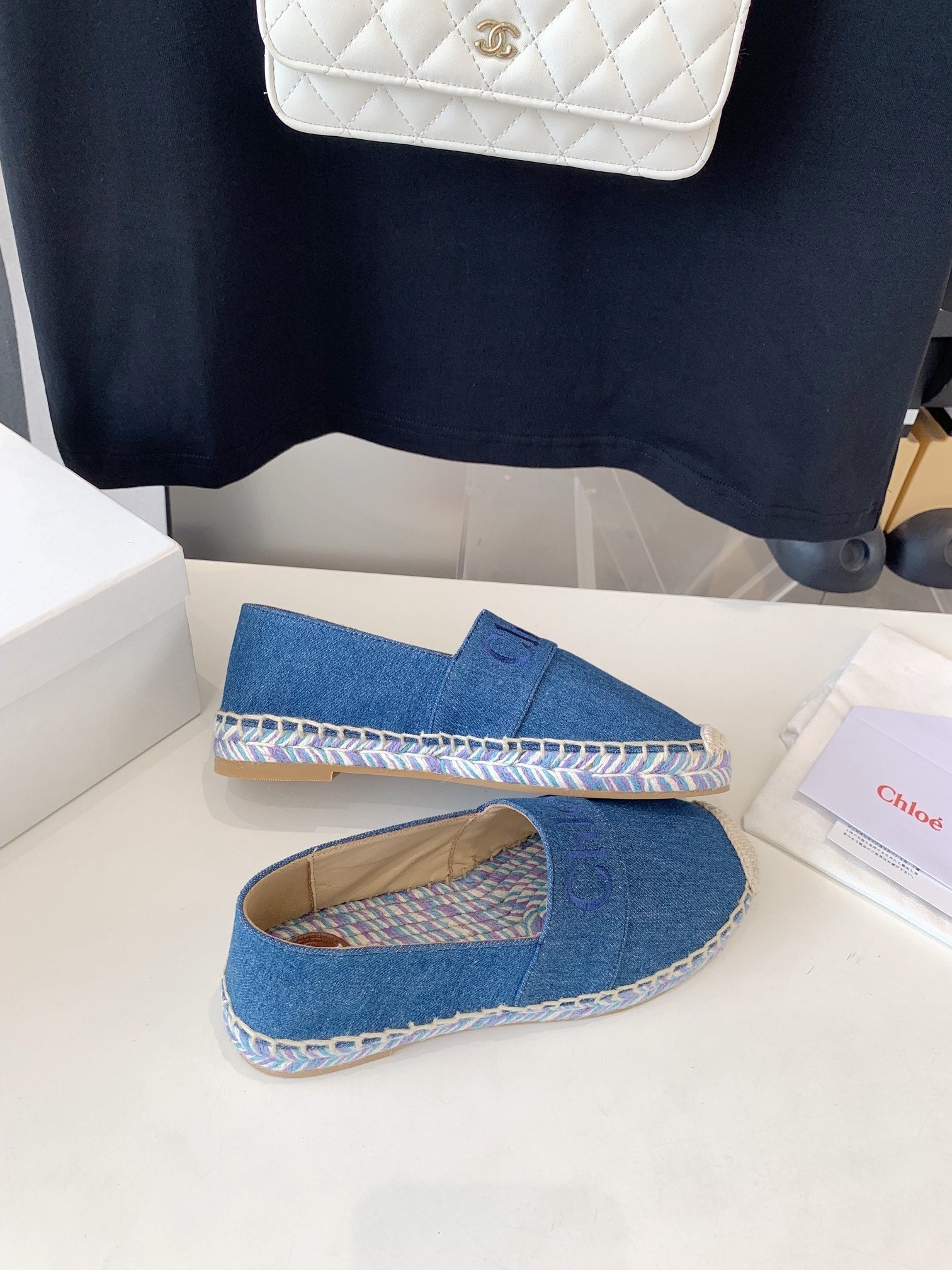 CHLOÃ‰ LOAFER SHOES IN CERULEAN BLUE DENIM AND WOVEN RAFFIA