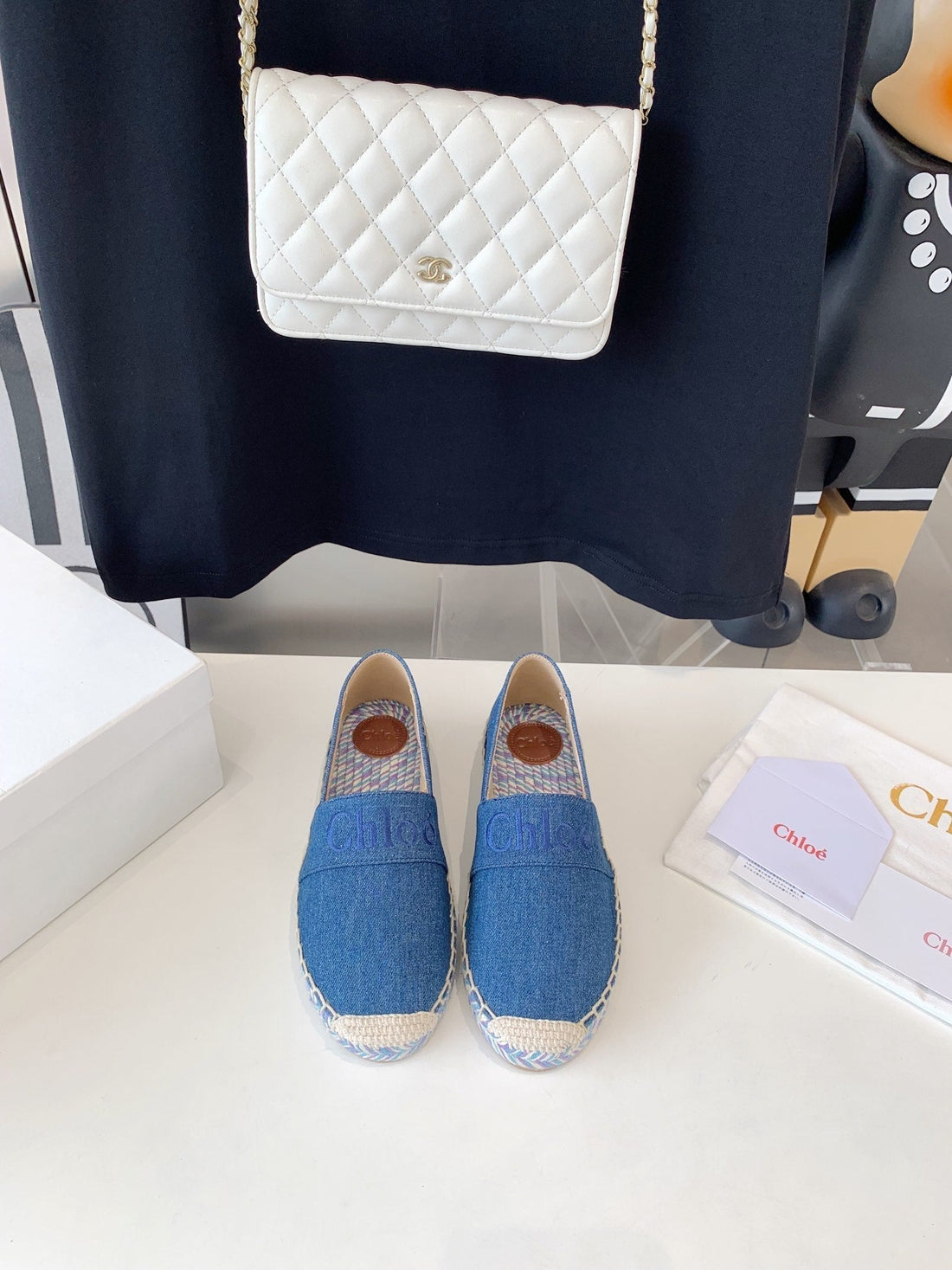 CHLOÃ‰ LOAFER SHOES IN CERULEAN BLUE DENIM AND WOVEN RAFFIA