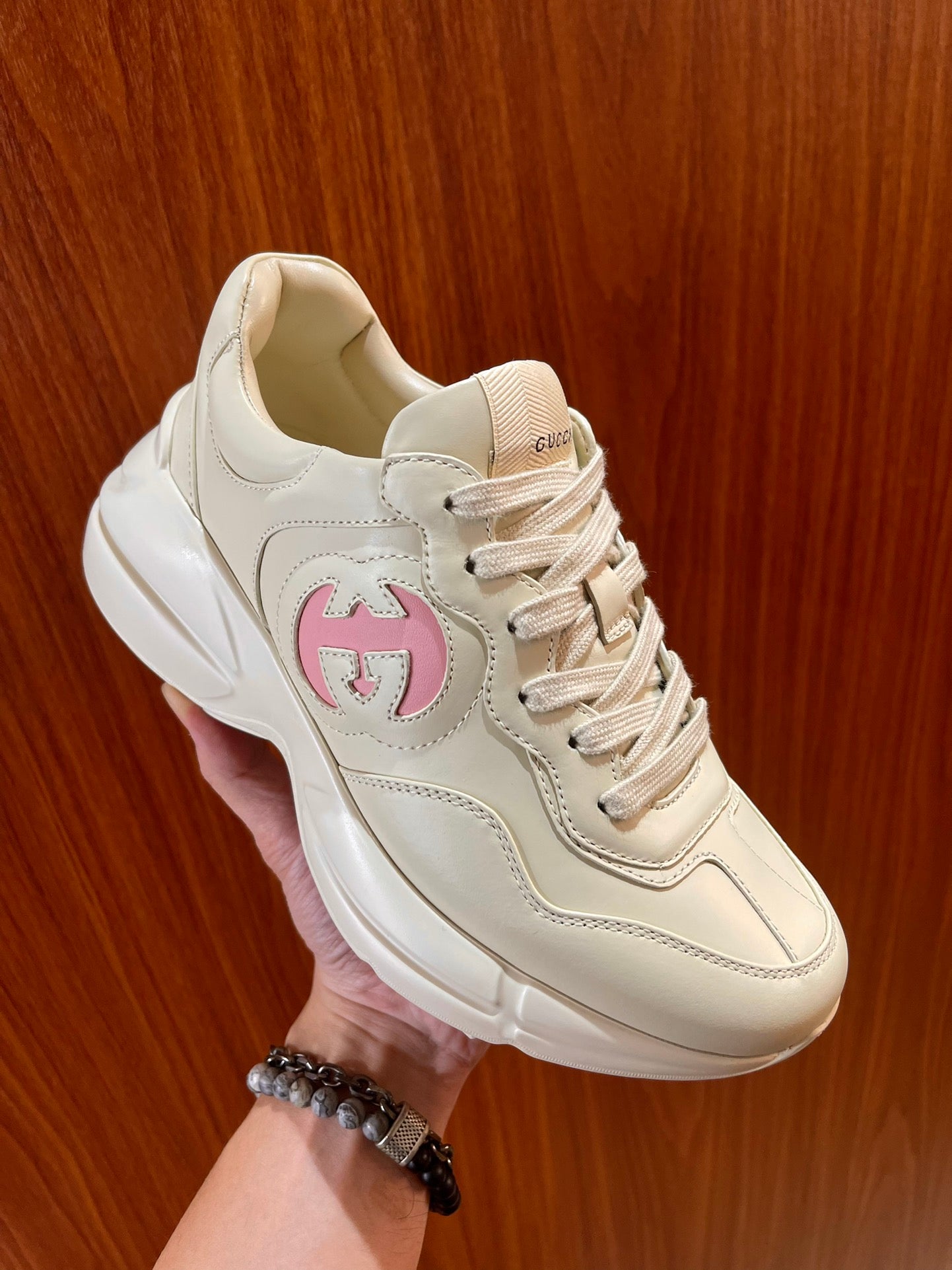 GG Men's Rhyton Sneaker Milk White Pink Calfskin 524491