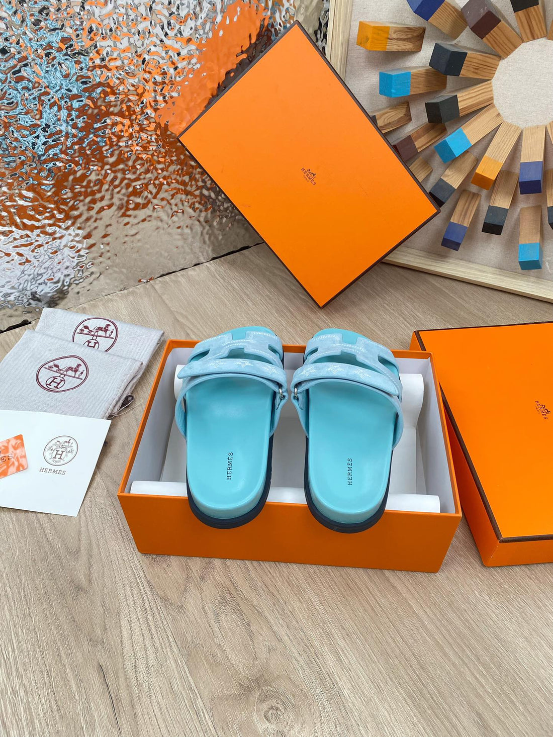 chypre sandal turquoise blue suede calfskin white thread embroidered