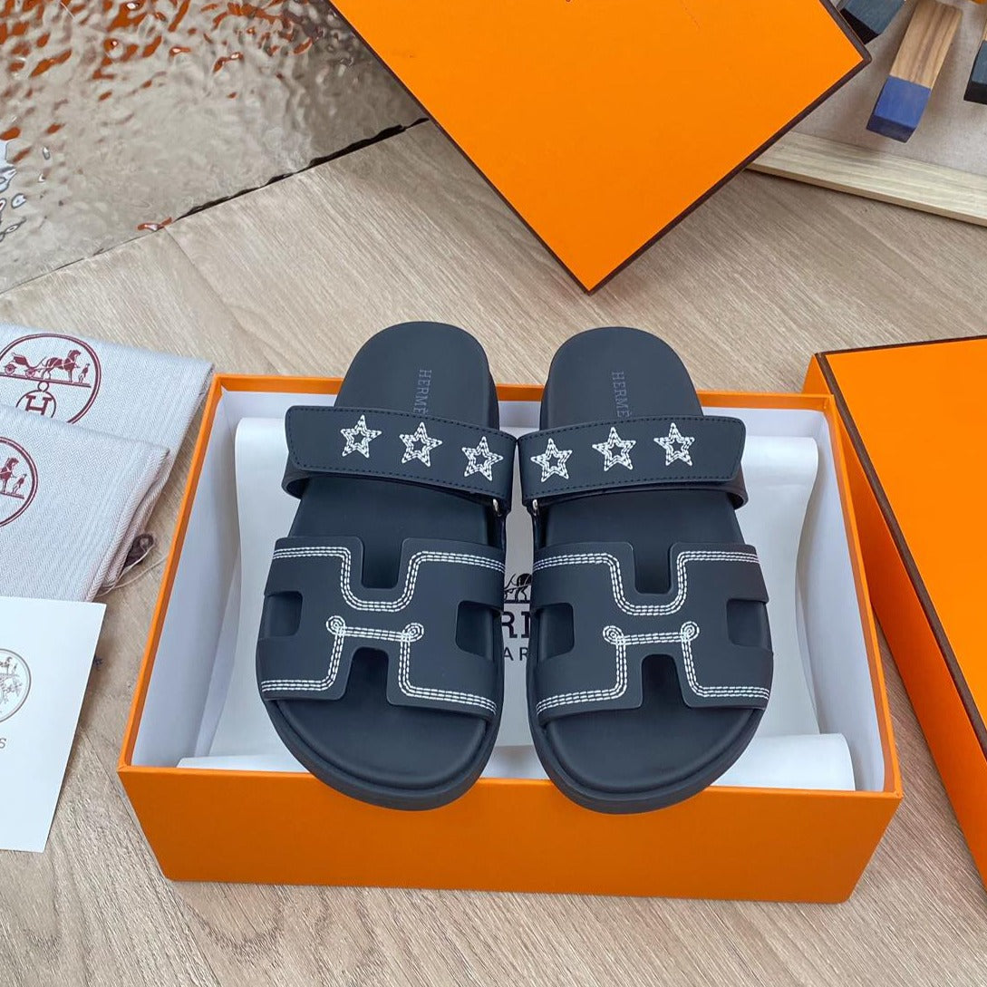 chypre sandal black calfskin white thread embroidered