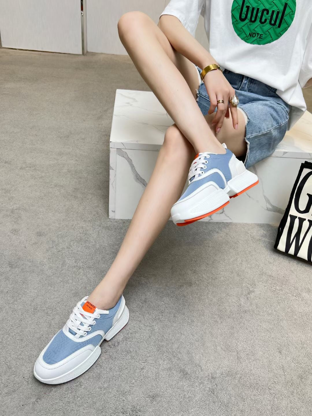 HM Giga 50 Sneaker Light Blue Canvas White Goatskin Orange