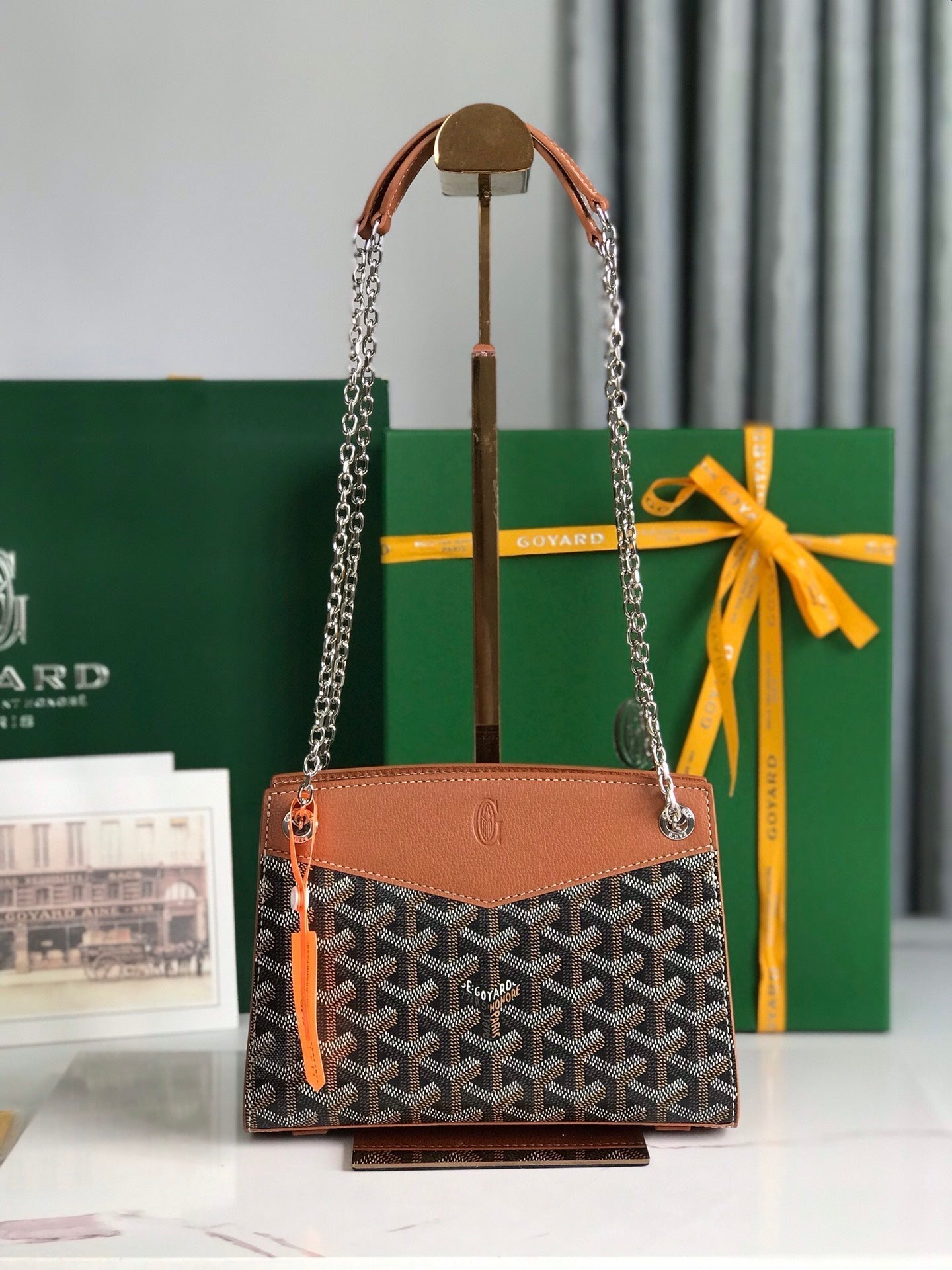 ROUETTE STRUCTURÃ‰ MINI BAG 21 IN BLACK GOYARDINE CANVAS AND TAN CALFSKIN