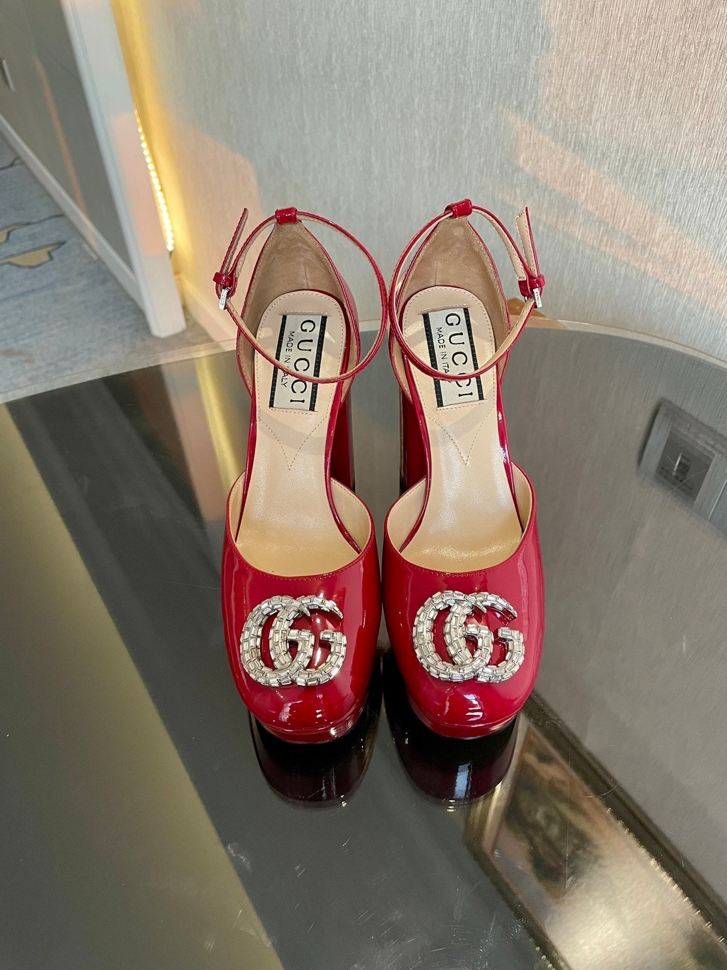 platform pump 12cm with double g red patent leather
