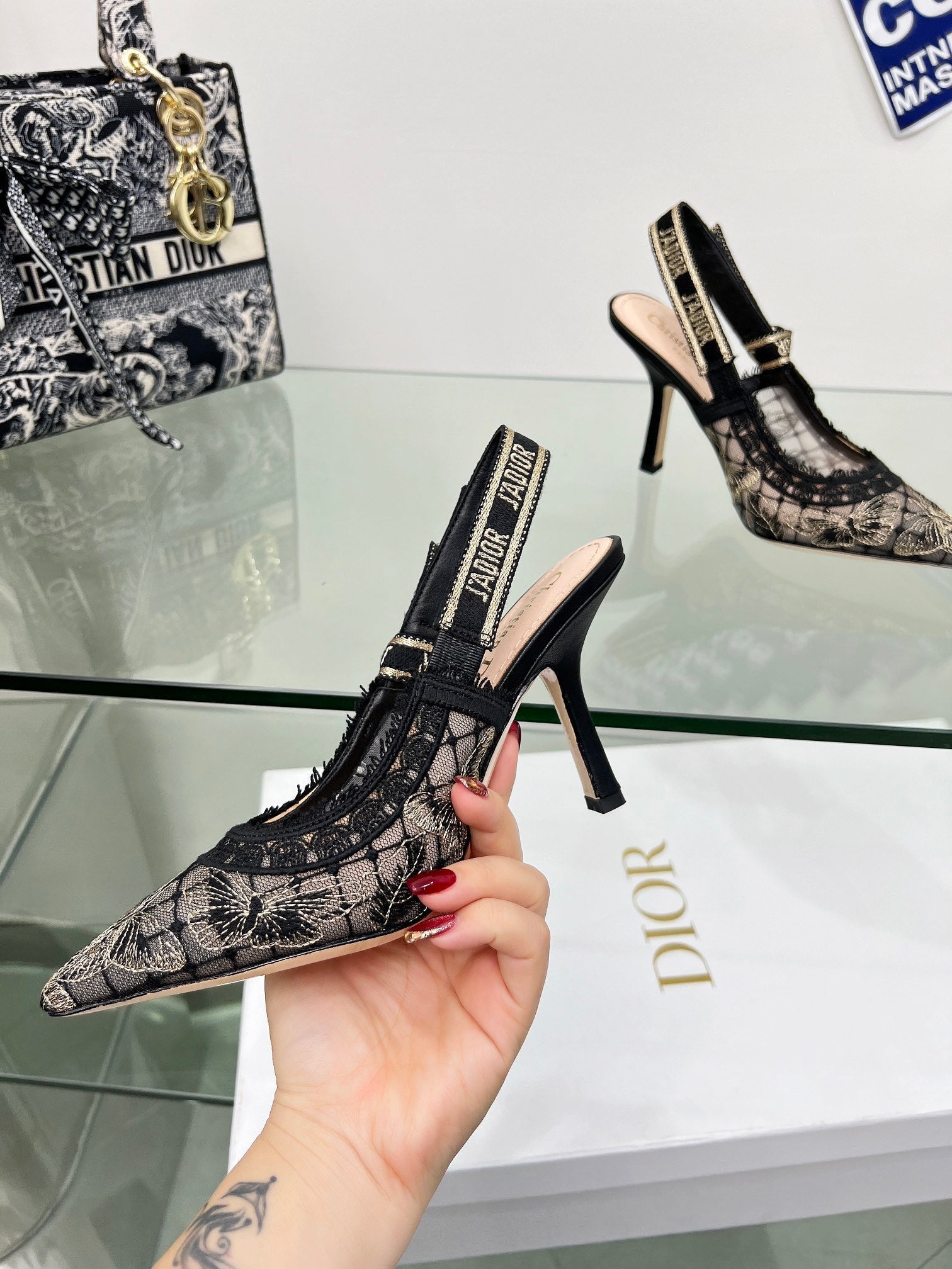 J'Adior Slingback Pump 95mm In Black Lace Fabric  100837