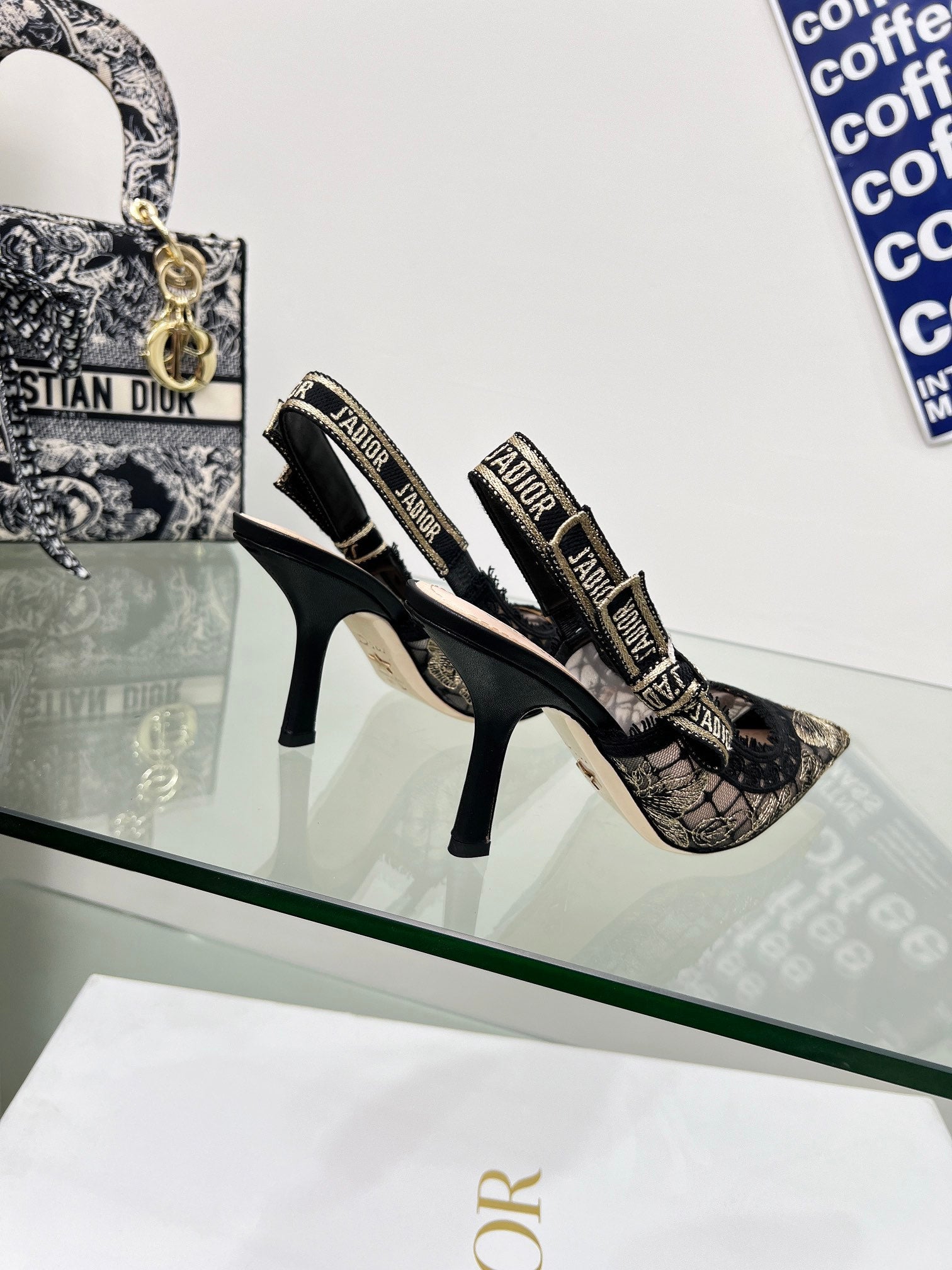 J'Adior Slingback Pump 95mm In Black Lace Fabric  100837