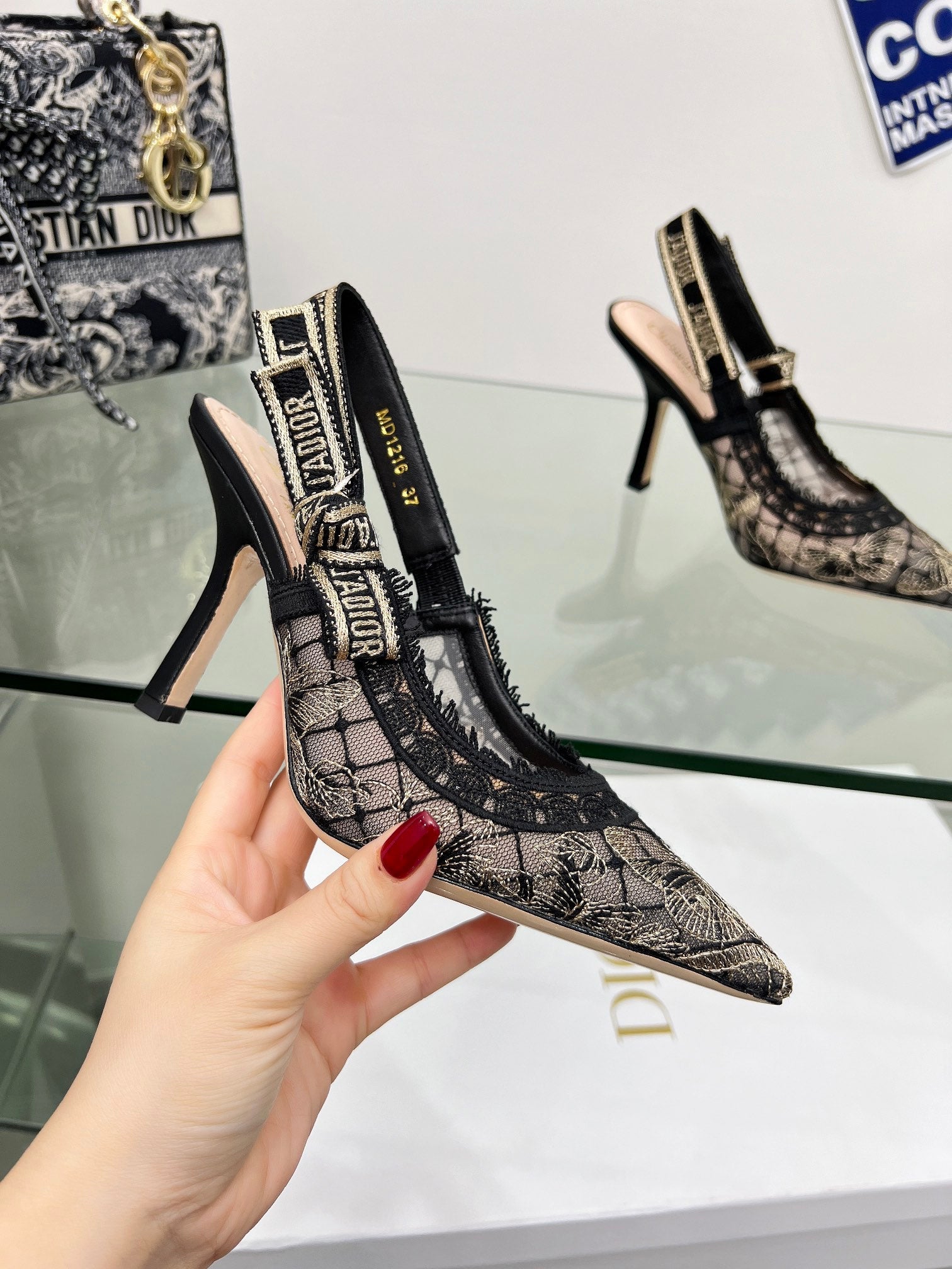 J'Adior Slingback Pump 95mm In Black Lace Fabric  100837