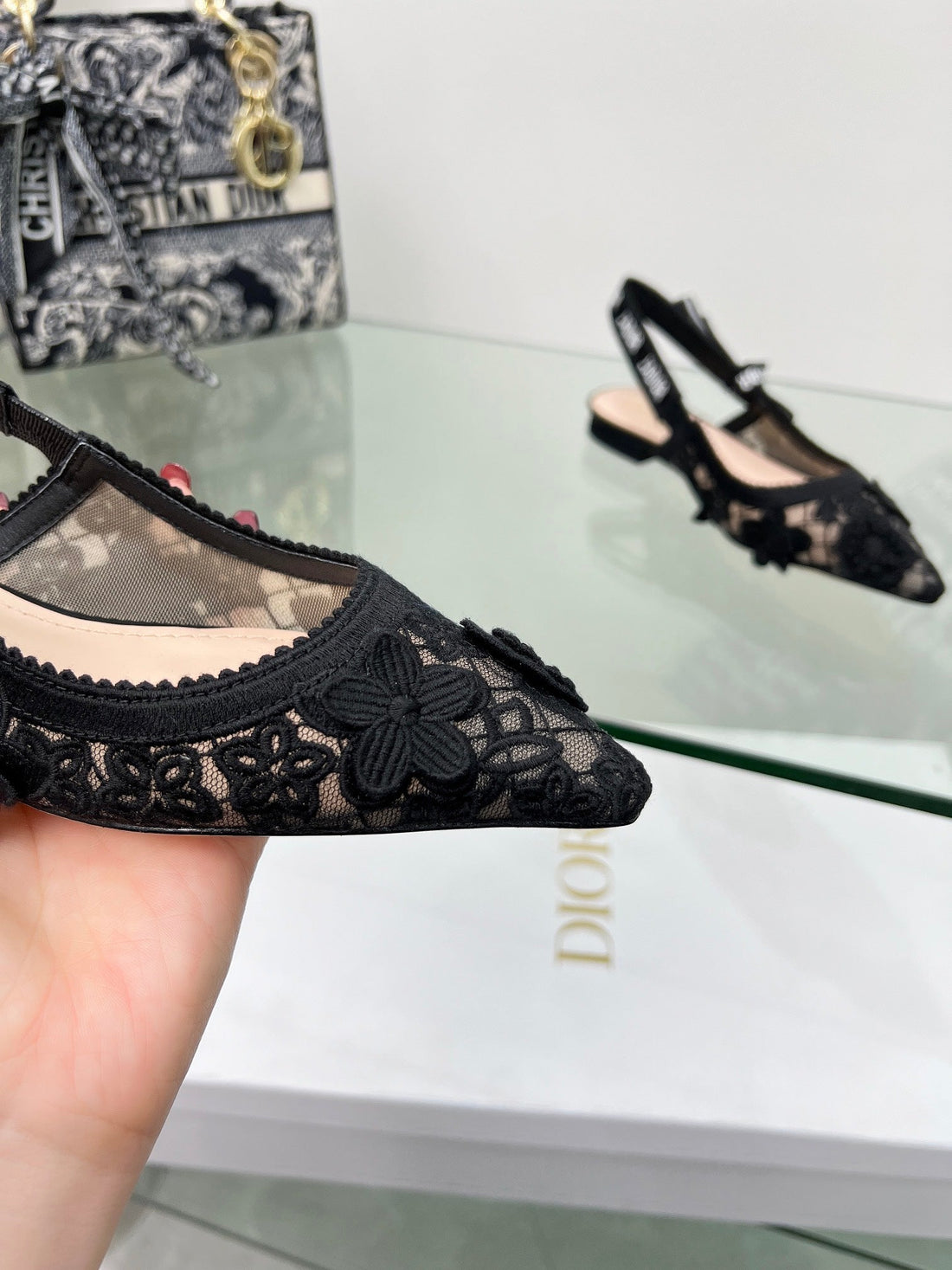 J'Adior Slingback Pump In Black Floral Embroidered Lace Fabric  100848
