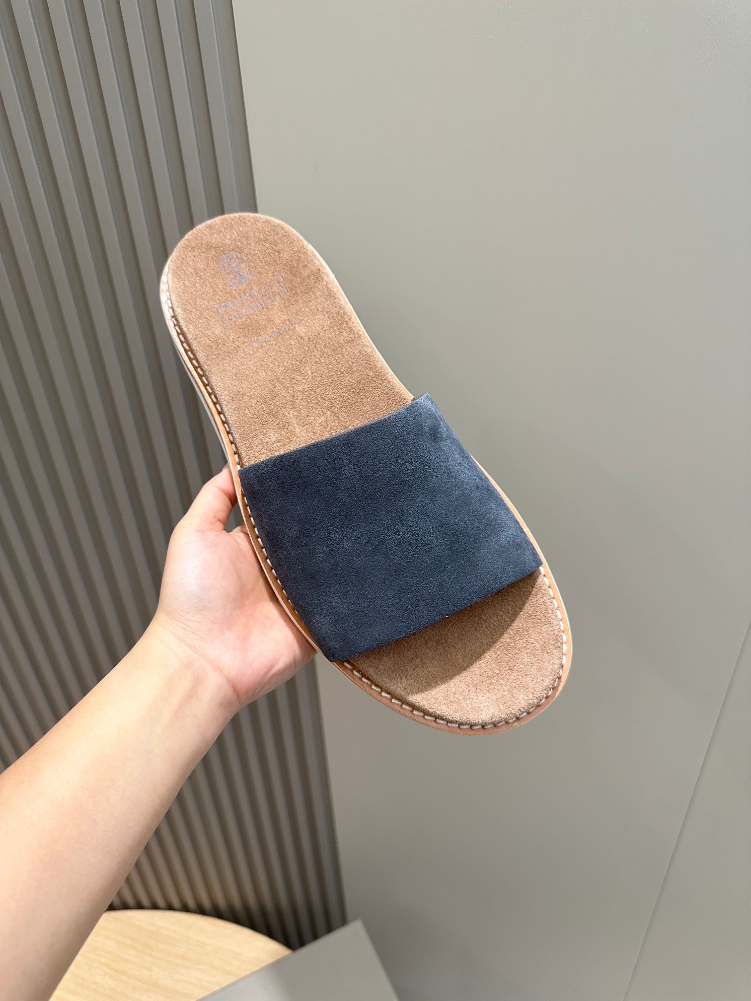 brunello dark blue brown suede slides