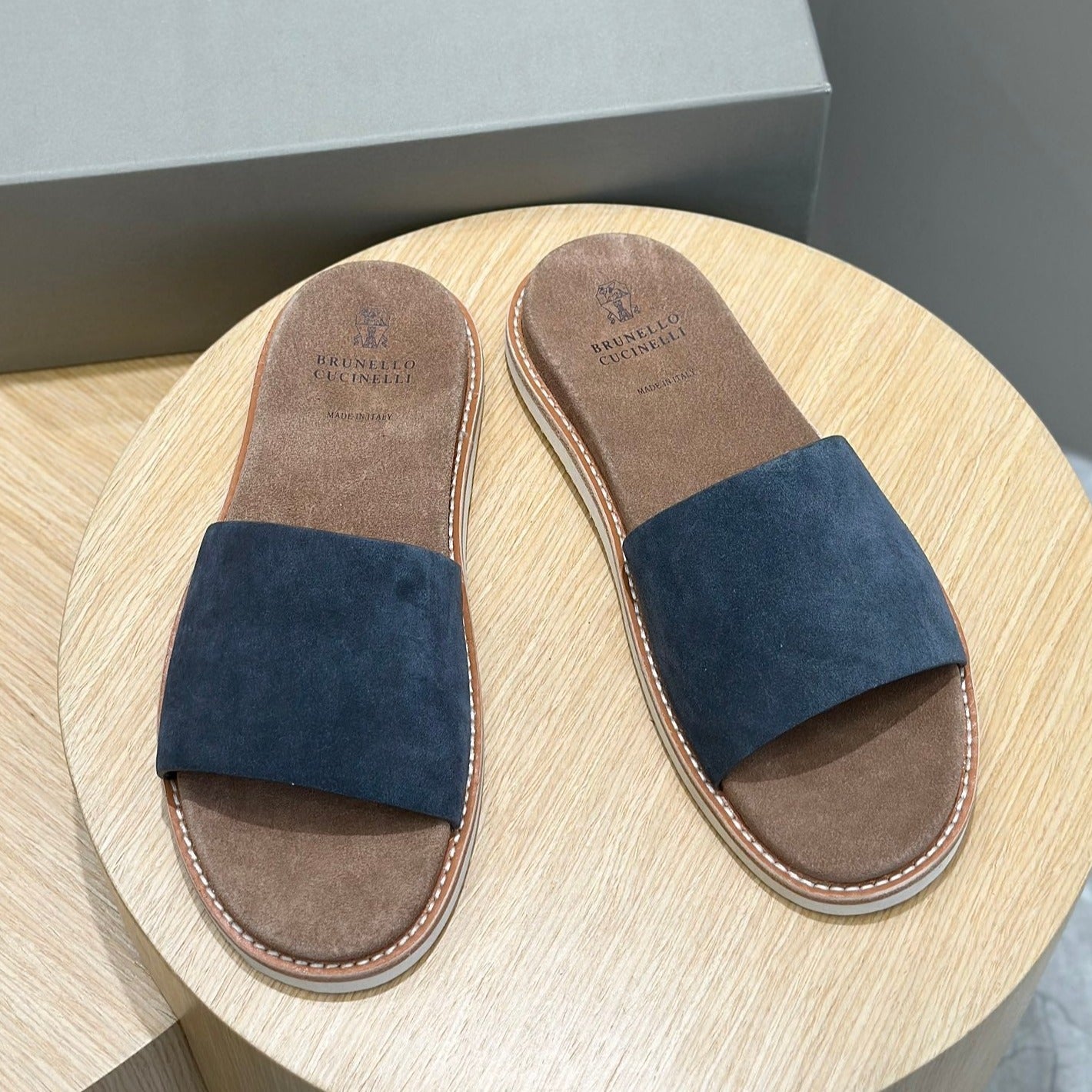 brunello dark blue brown suede slides