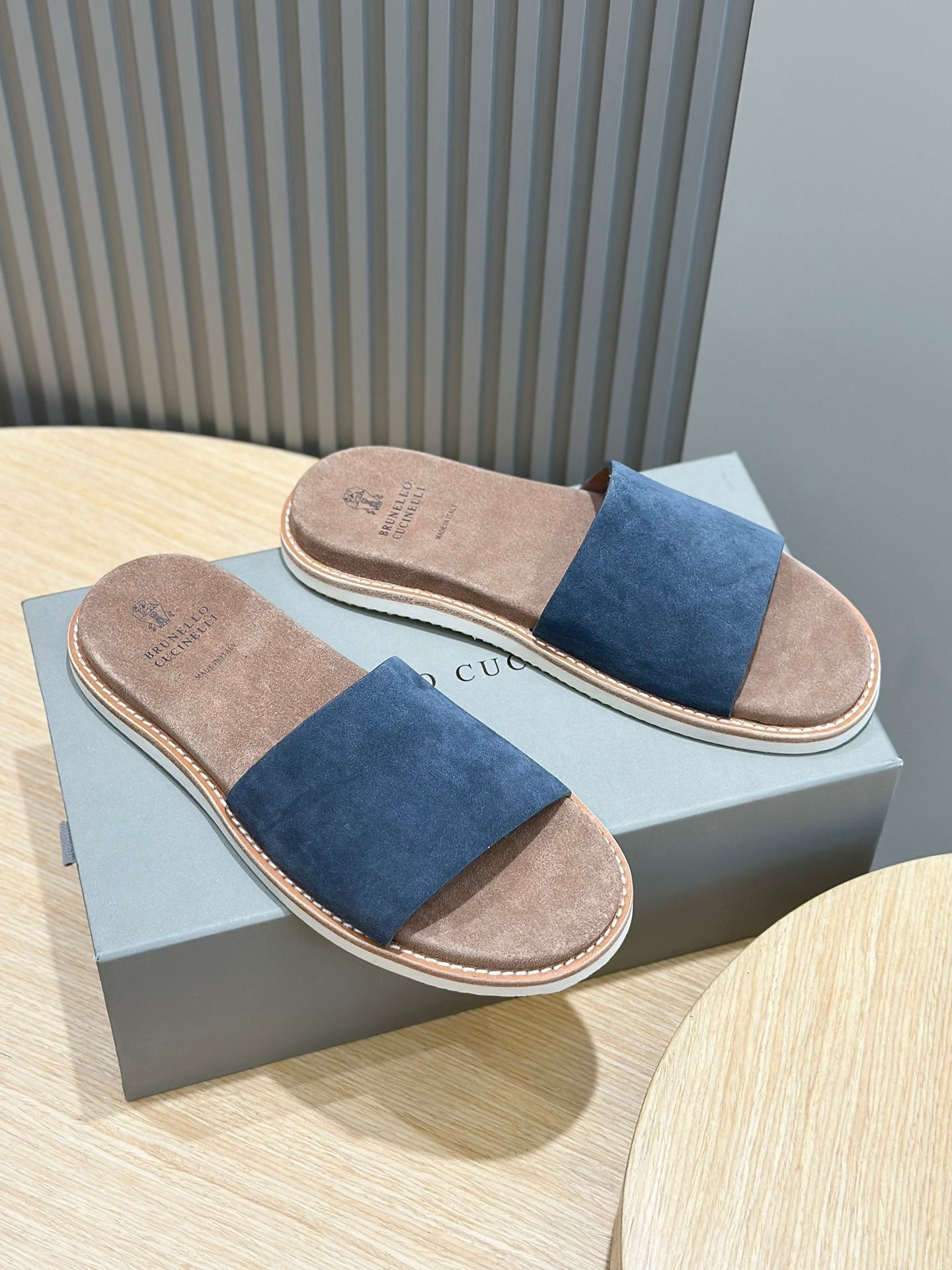 brunello dark blue brown suede slides