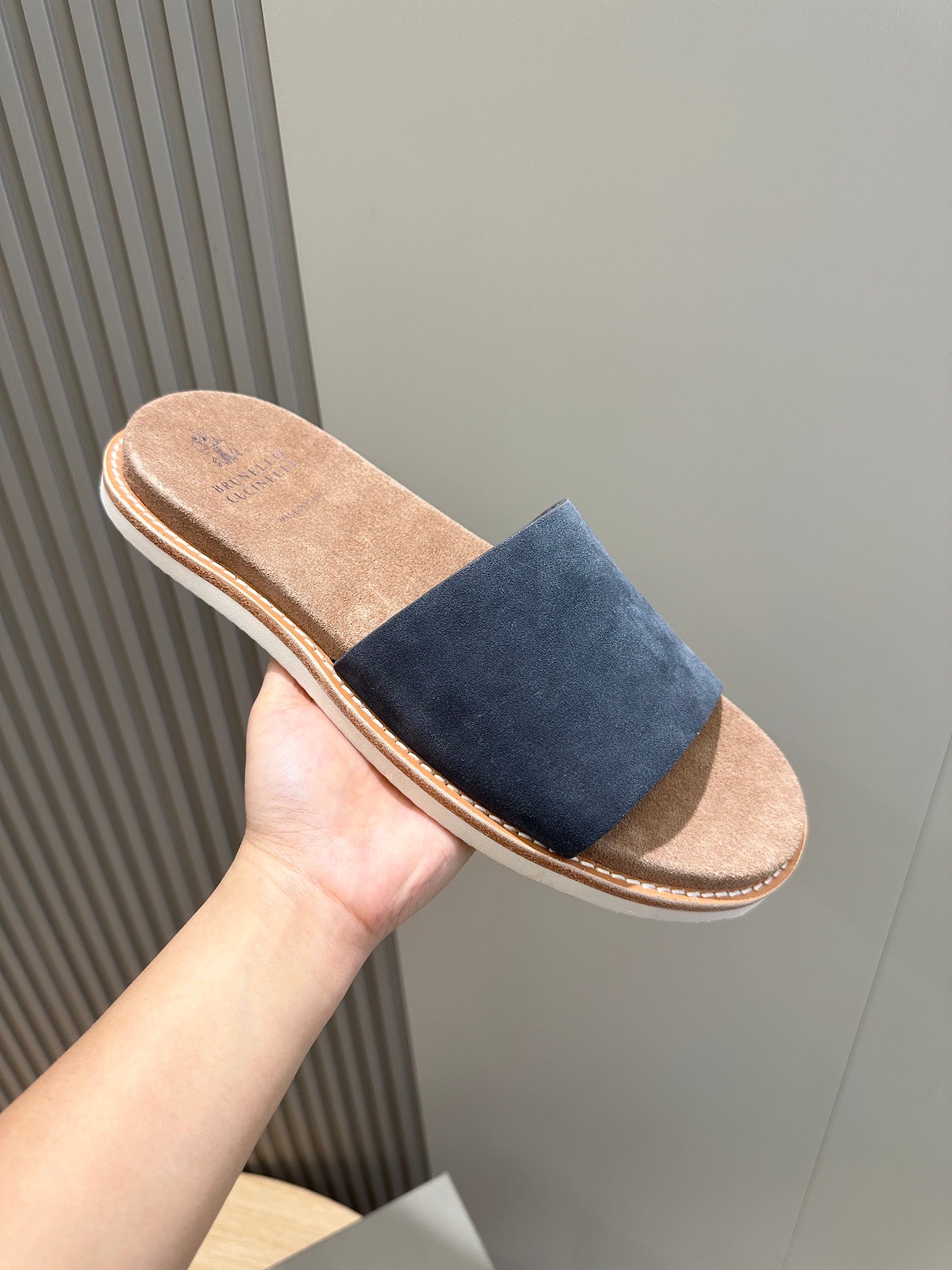 brunello dark blue brown suede slides