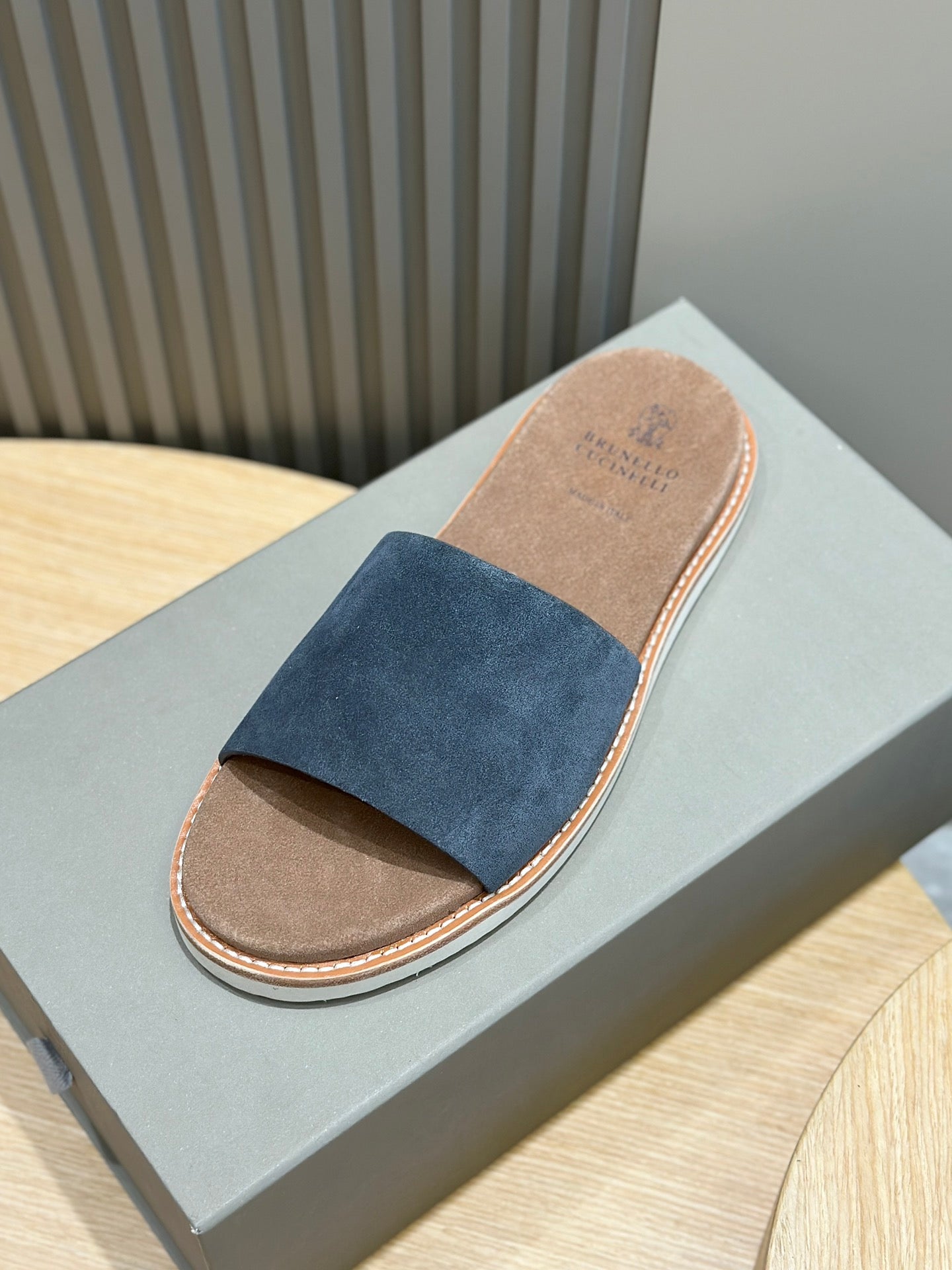 brunello dark blue brown suede slides