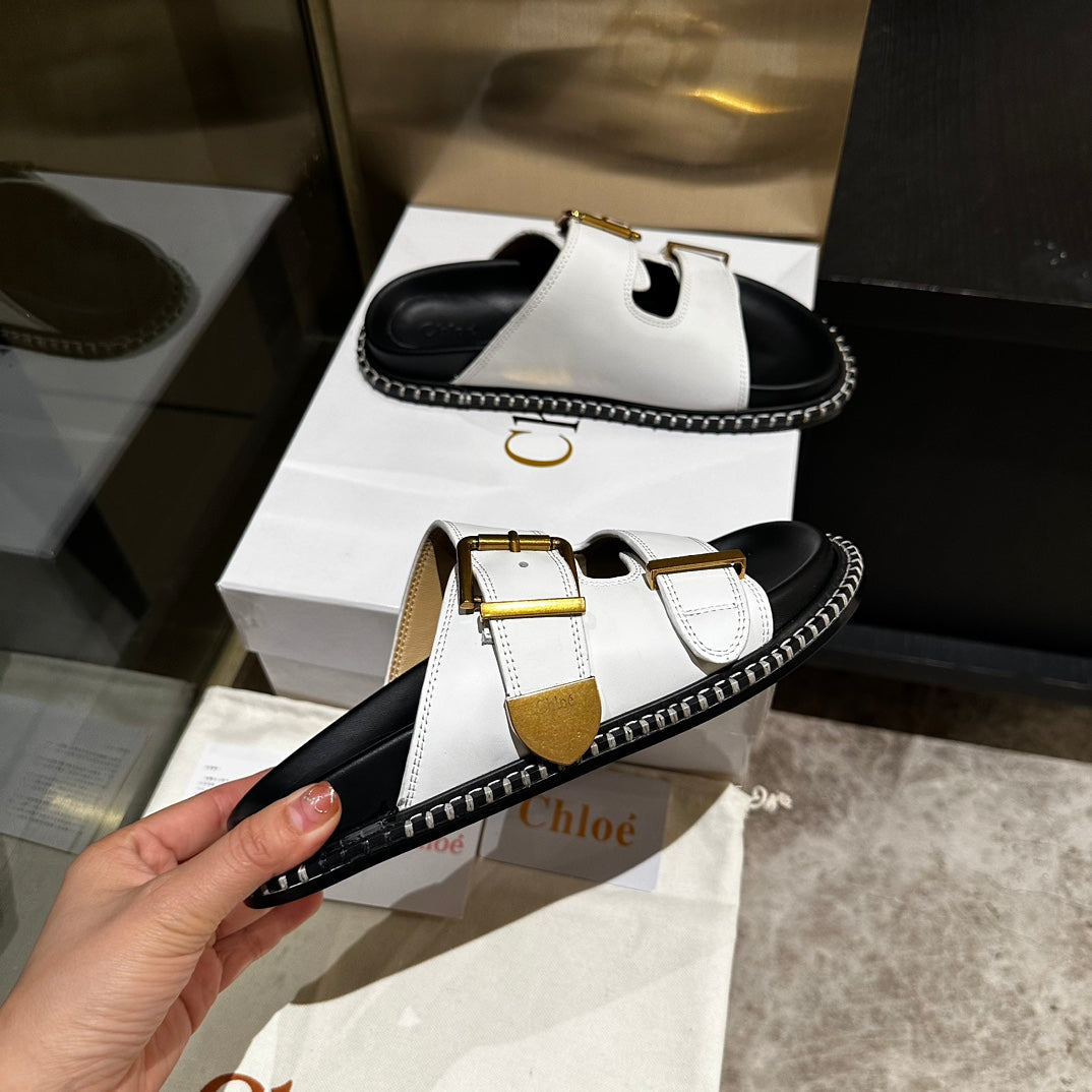 CHLOE DAD SANDALS IN WHITE CALFSKIN WITH GOLD HARDWARE