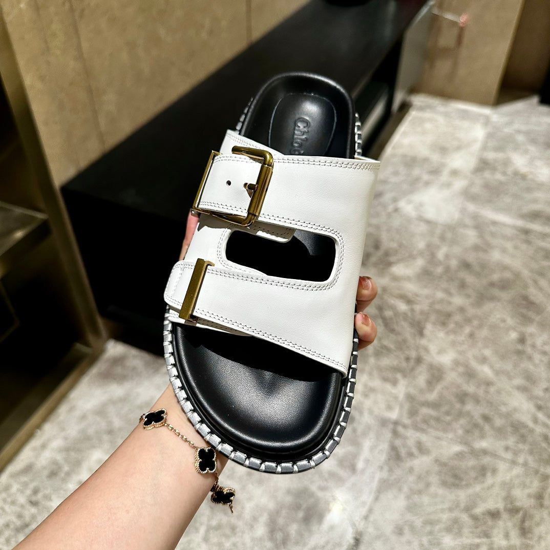 CHLOE DAD SANDALS IN WHITE CALFSKIN WITH GOLD HARDWARE