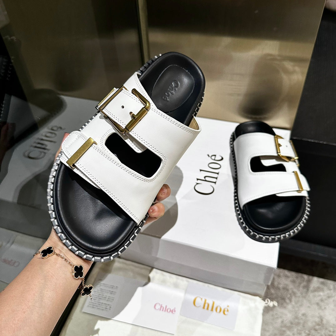 CHLOE DAD SANDALS IN WHITE CALFSKIN WITH GOLD HARDWARE