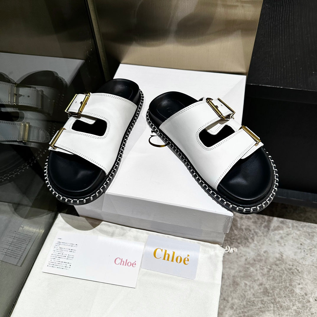 CHLOE DAD SANDALS IN WHITE CALFSKIN WITH GOLD HARDWARE