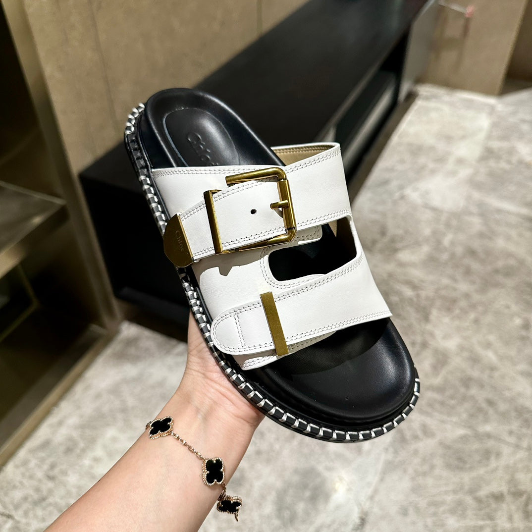 CHLOE DAD SANDALS IN WHITE CALFSKIN WITH GOLD HARDWARE