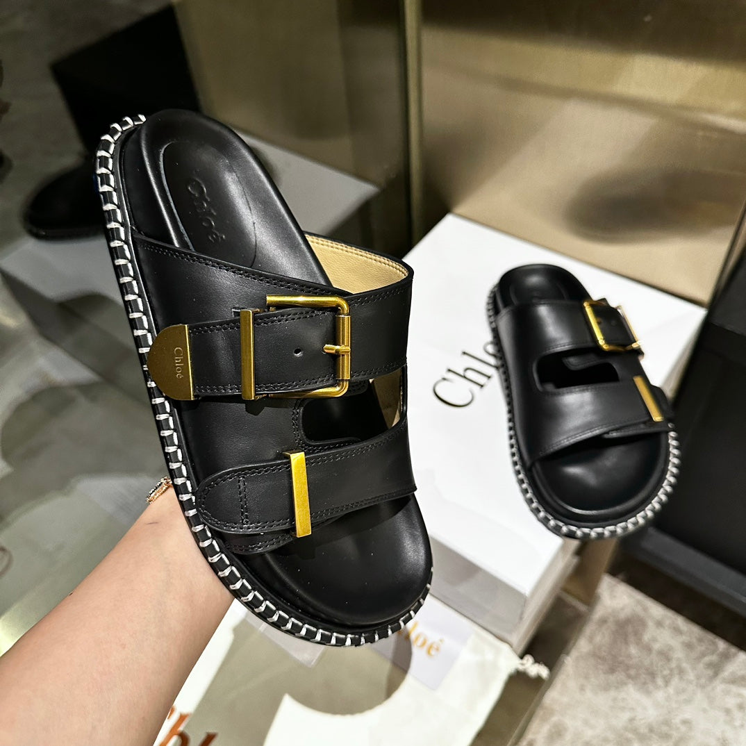 CHLOE DAD SANDALS IN BLACK CALFSKIN WITH GOLD HARDWARE