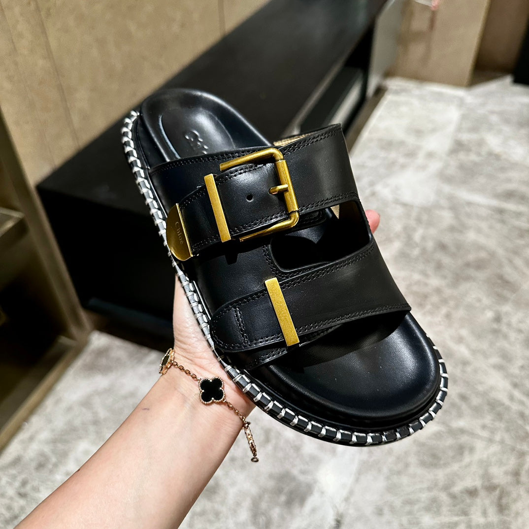 CHLOE DAD SANDALS IN BLACK CALFSKIN WITH GOLD HARDWARE