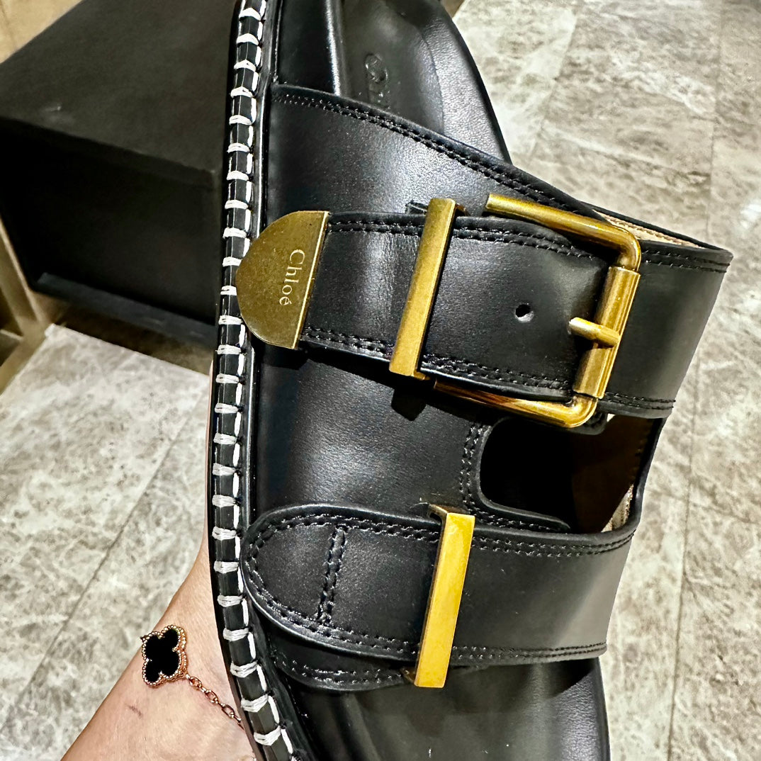 CHLOE DAD SANDALS IN BLACK CALFSKIN WITH GOLD HARDWARE