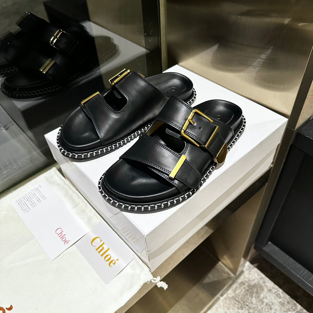 CHLOE DAD SANDALS IN BLACK CALFSKIN WITH GOLD HARDWARE