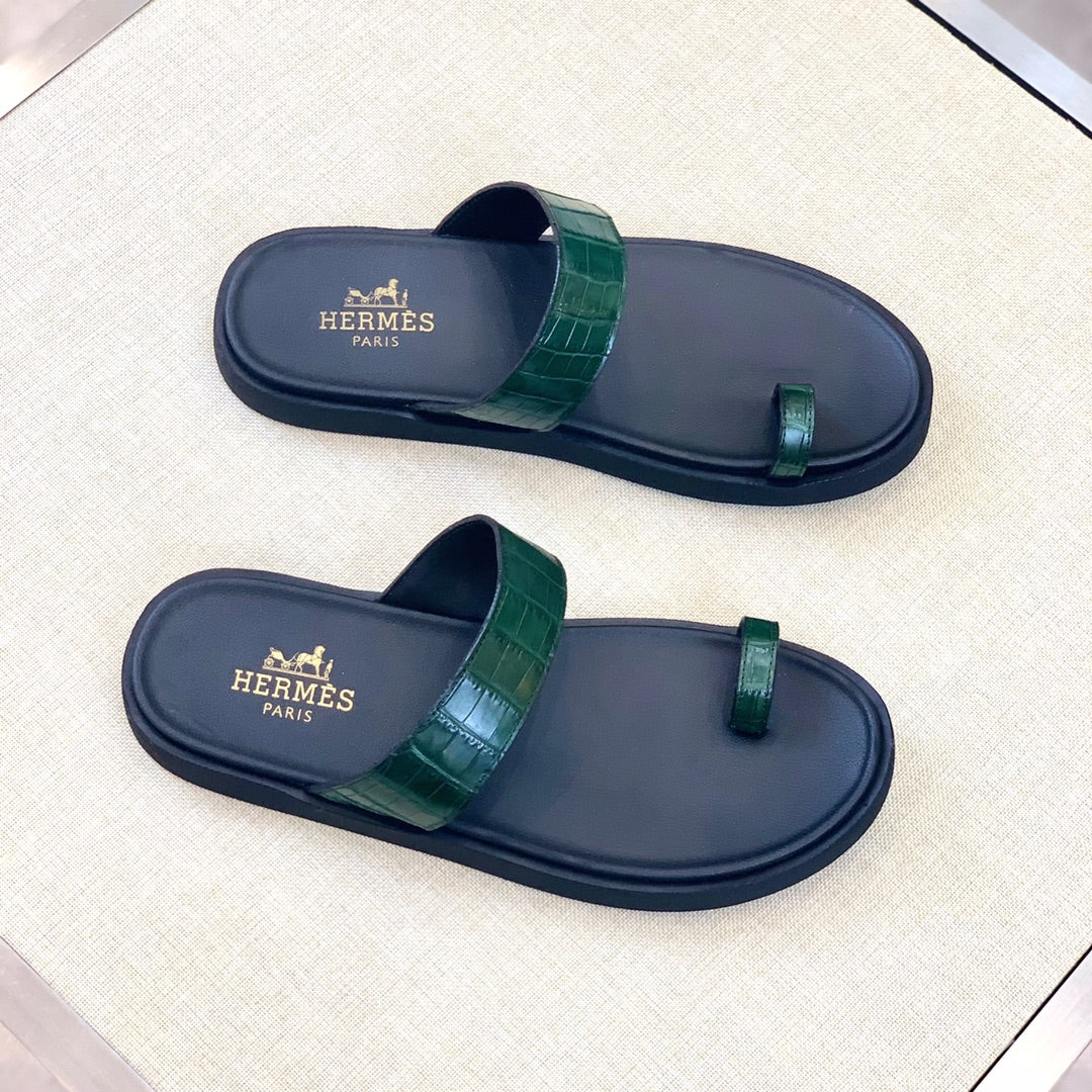 HM Men's Open-toe Sandals Green Rubber Sheepskin 561658