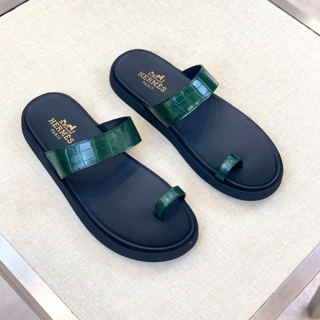 HM Men's Open-toe Sandals Green Rubber Sheepskin 561658