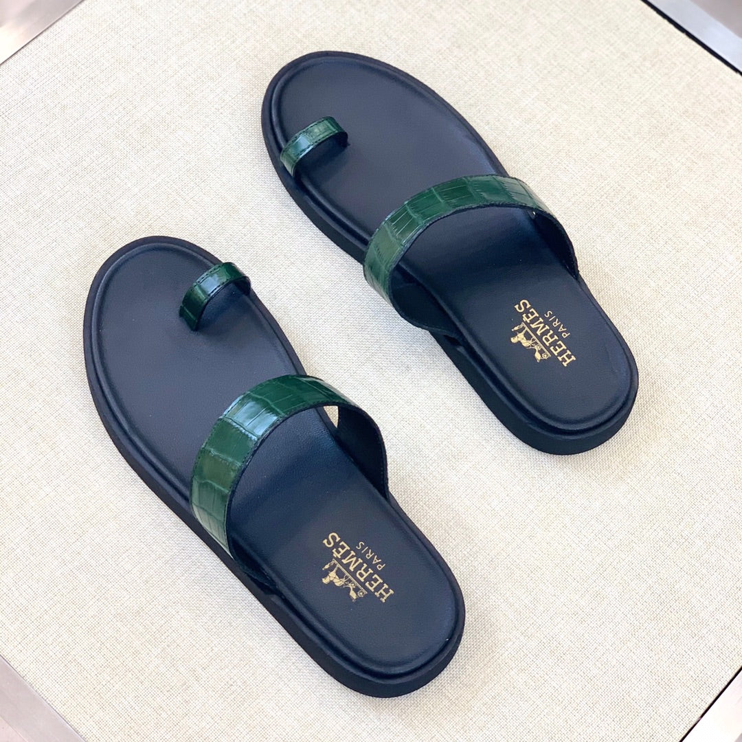 HM Men's Open-toe Sandals Green Rubber Sheepskin 561658